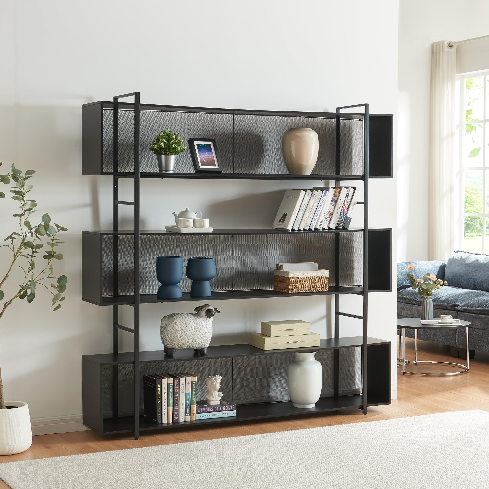 [en.casa] Bücherregal Randaberg offener Bücherschrank mit 3 Ablagefächern 180 x 180 x 33 cm Wohnzimmer Stauraum Metallgestell Standregal Schwarz