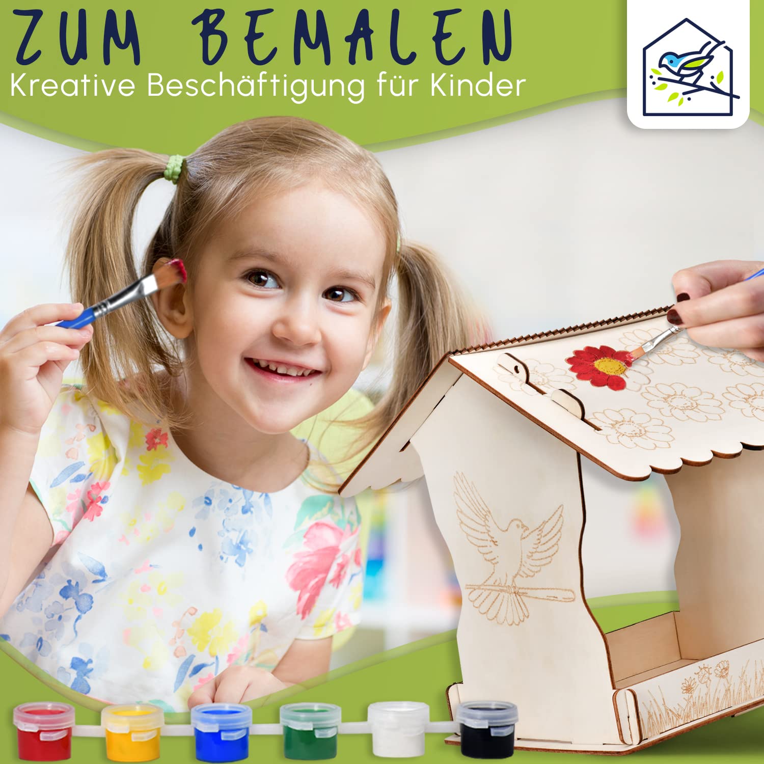 FUN TRADING DIY Vogelhaus zum Bemalen - praktischer Vogelhaus Bausatz für Kinder inkl. Farben und Pinsel - Vogelhäuschen zum Bemalen - ideal für kreative Naturfreunde