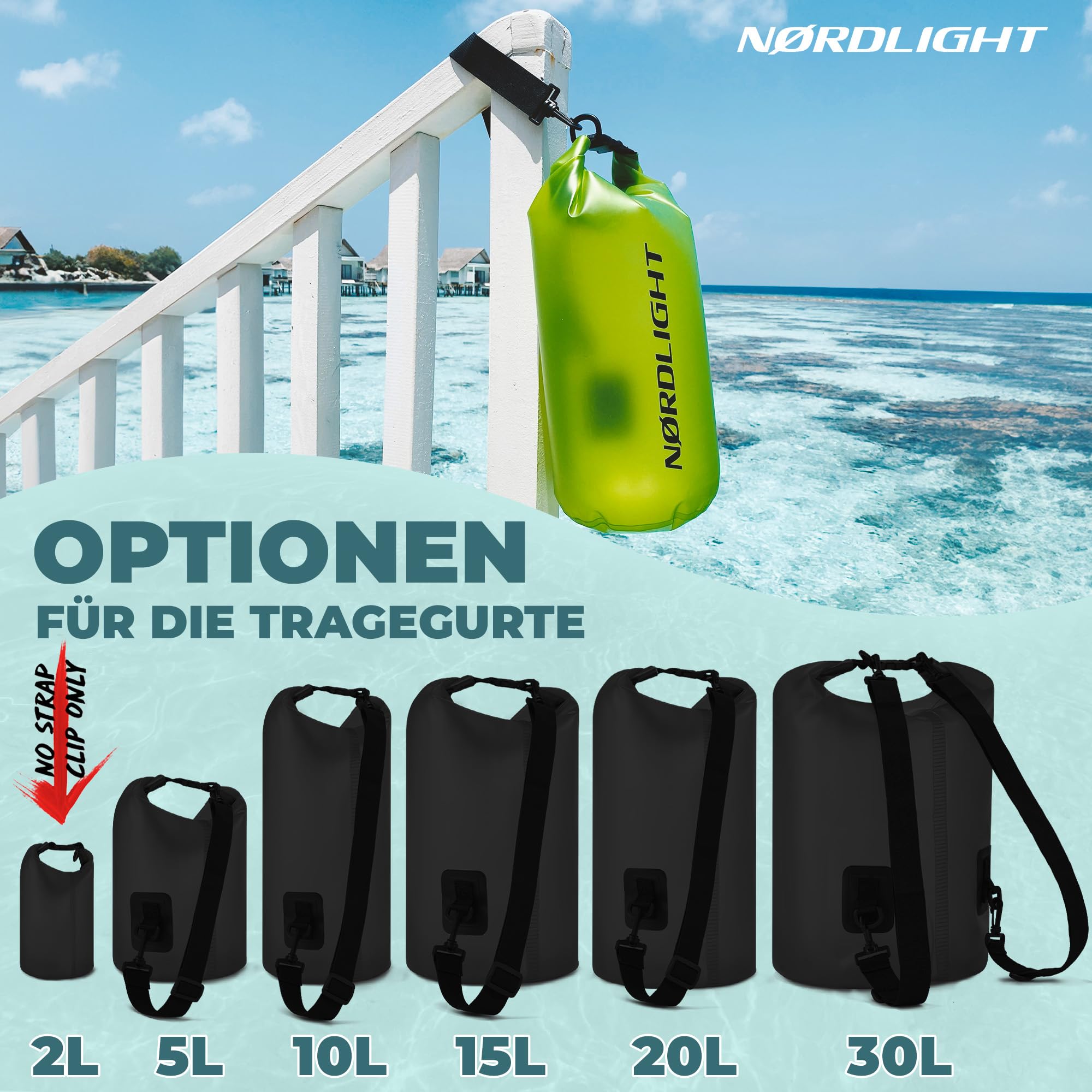 Nordlight wasserdichte Tasche 3er Set (Schwarz) - Dry Bag 10l + wasserdichte Handyhülle + wasserdichte Hüfttasche | IPX8 Schutz | Mit Verstellbaren Gurten Für Strand, Stand Up Paddling