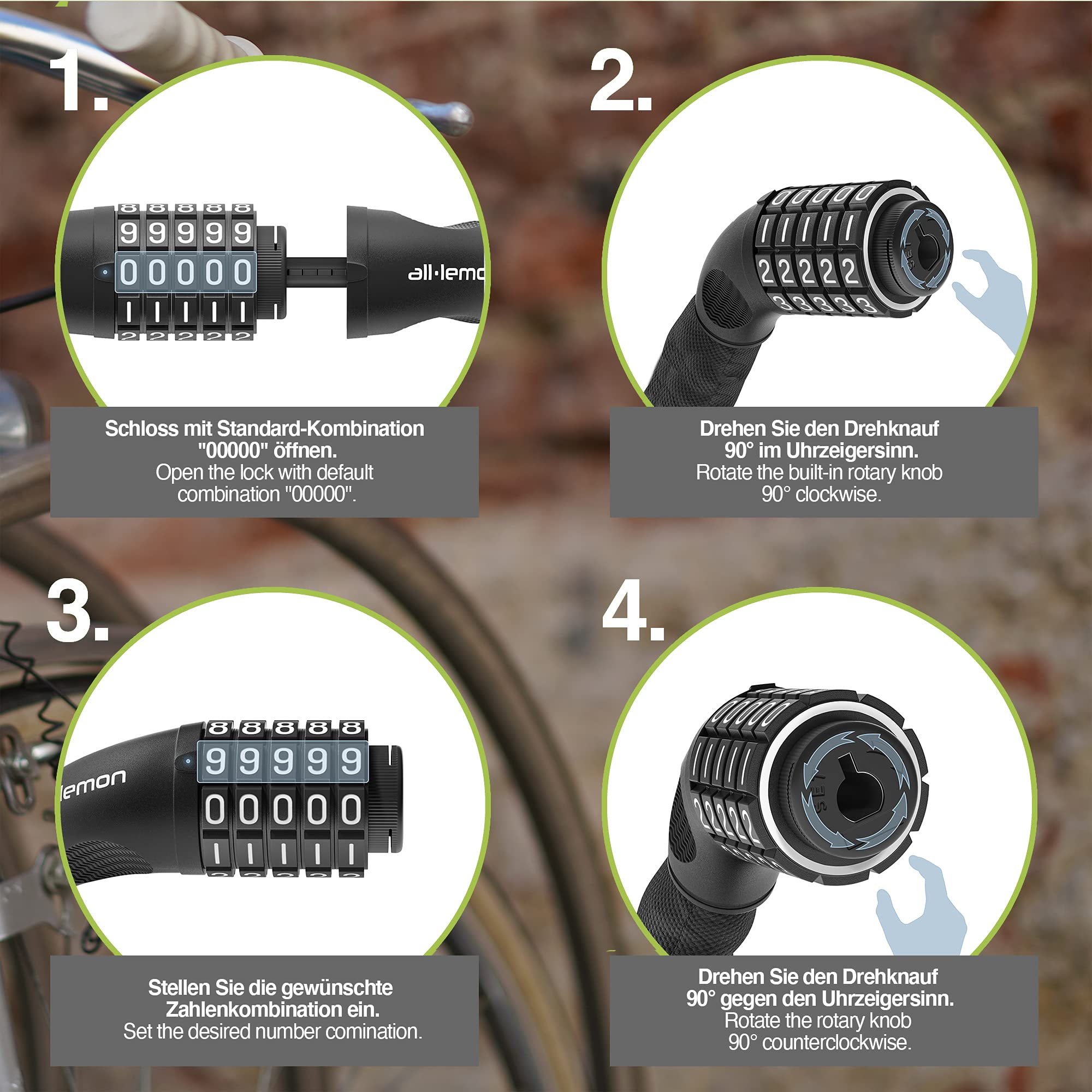 Fahrradschloss Radschloss mit Zahlencode, Stahlkette | Zahlenschloss Kettenschloss Code Bike Lock | Zahlen Kette Diebstahl Schutz Fahrrad Rad Schloss sicher stark lang Erwachsene Zaun Tür Tor