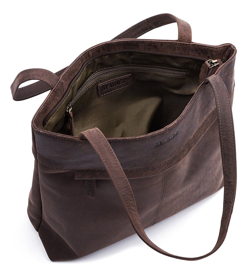 Leabags Leder Handtasche Damen I Premium Echtleder Schultertasche I Damen Henkeltasche I Damentasche I Tragetasche für Arbeit Uni Schule Freizeit I 32 x 32 x 10 cm I Nature Dunkelbraun