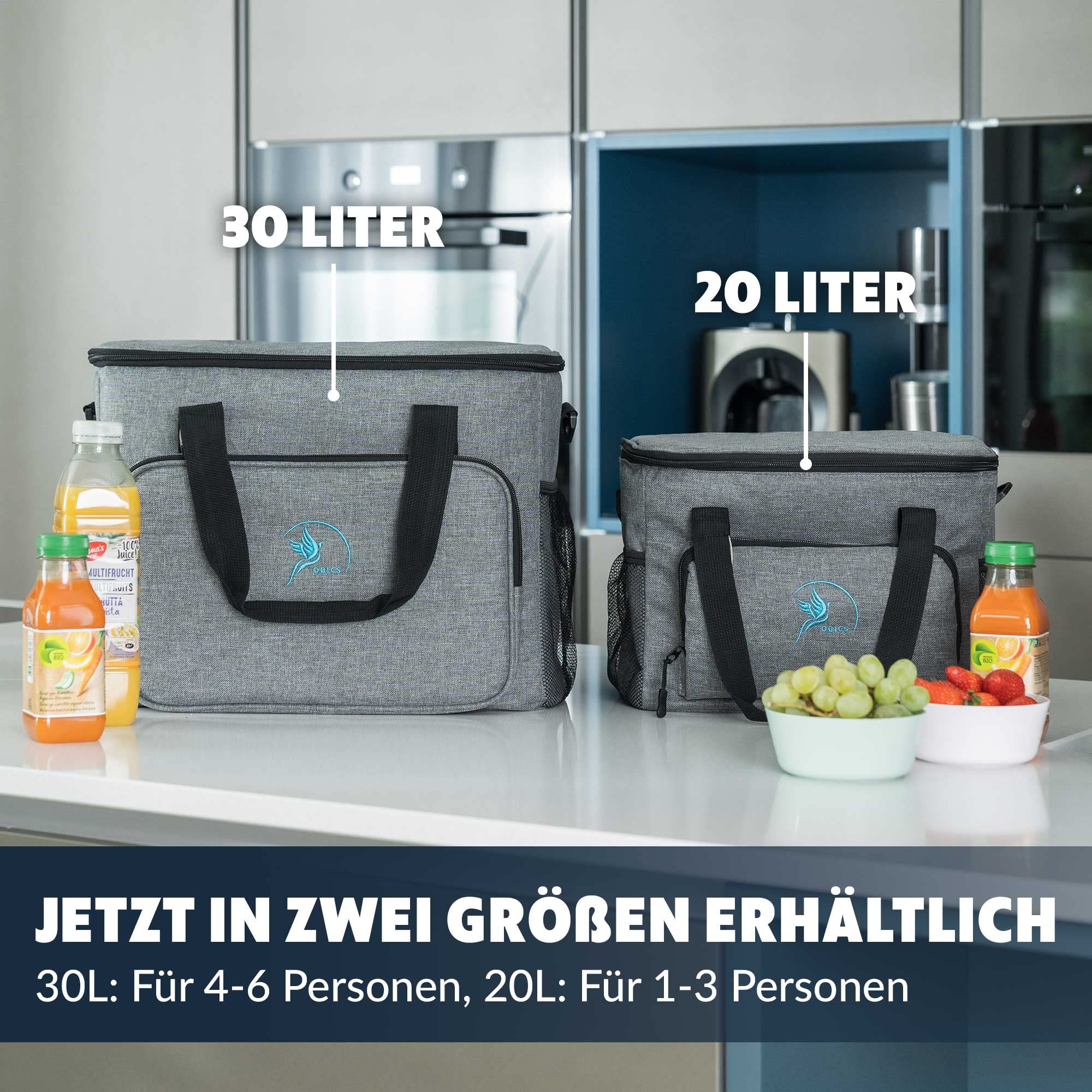 Obics Kühltasche Gross faltbar 30l Kühlbox Isoliertasche Grau für Auto, Strand - Lunchtasche Camping Zubehör - Picknick-Tasche groß - Gefriertasche & Essenstasche isoliert - Thermotasche wasserdicht