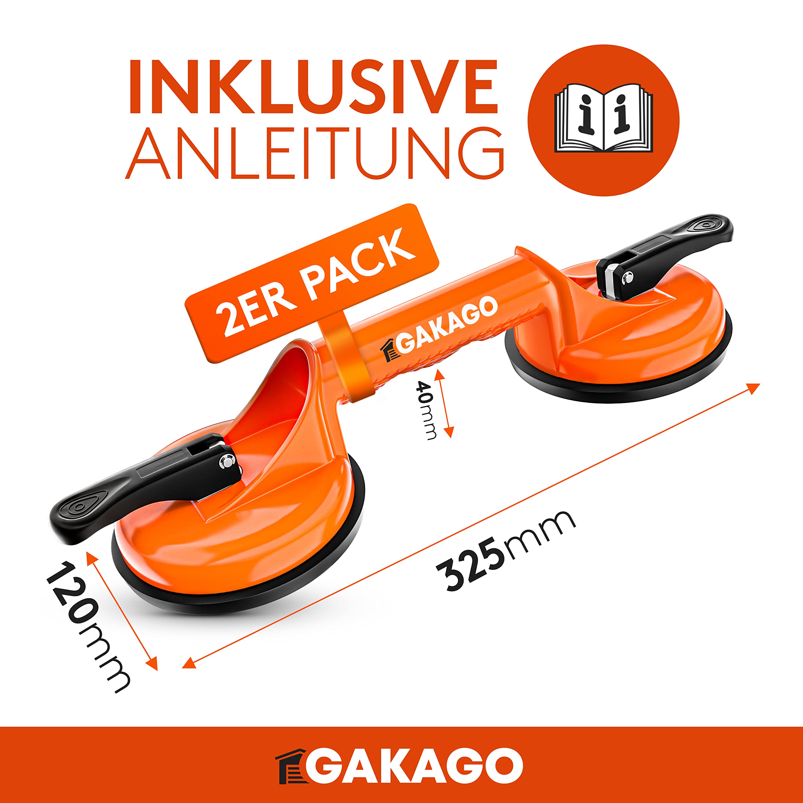 Gakago Saugheber (2er Pack) - Ergonomische & rutschfeste Sauggriffe - 100kg tragfähiger Vakuumheber für den Transport von Fliesen, Laminat, Scheiben und Glas als Glasheber, Glassauger, Glasträger