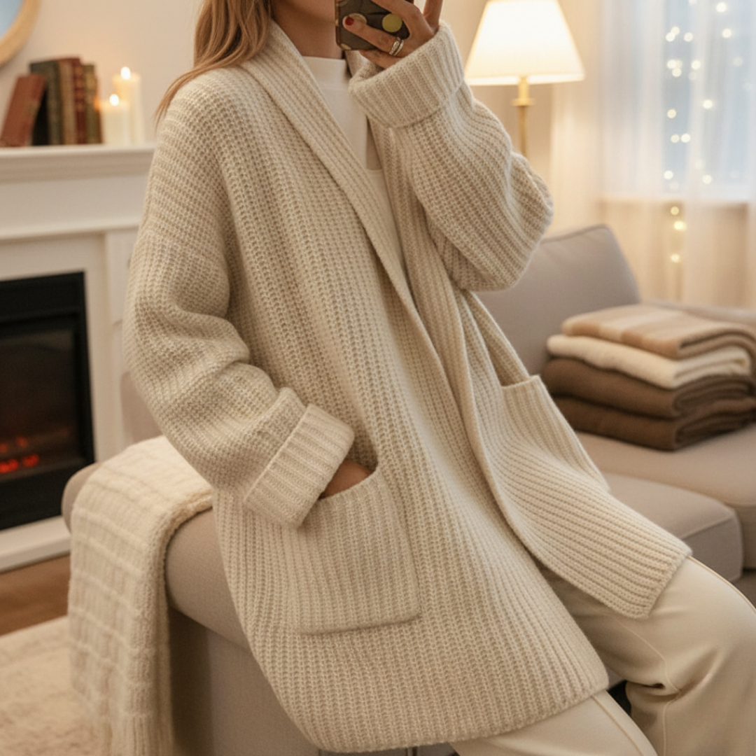 Pullover-Strickjacke lang mit elegantem Schnitt & offener Front – CozyCharm Cardigan