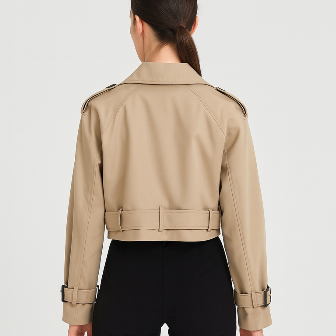 Damen Cropped Trenchcoat – Kurz geschnittener, doppelreihiger Mantel mit Gürtel