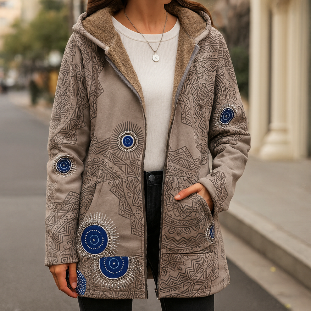 Warme Boho Kapuzenjacke mit Fleecefutter & Ethno-Muster – Liora Coat