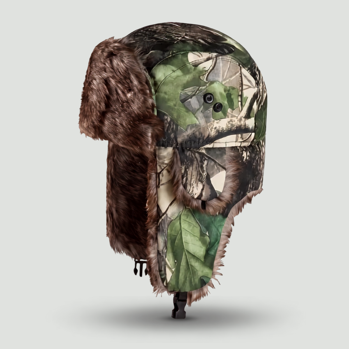 Camouflage Trapper-Mütze – Kunstpelz-gefüttert mit Ohrenklappen und Kinnriemen