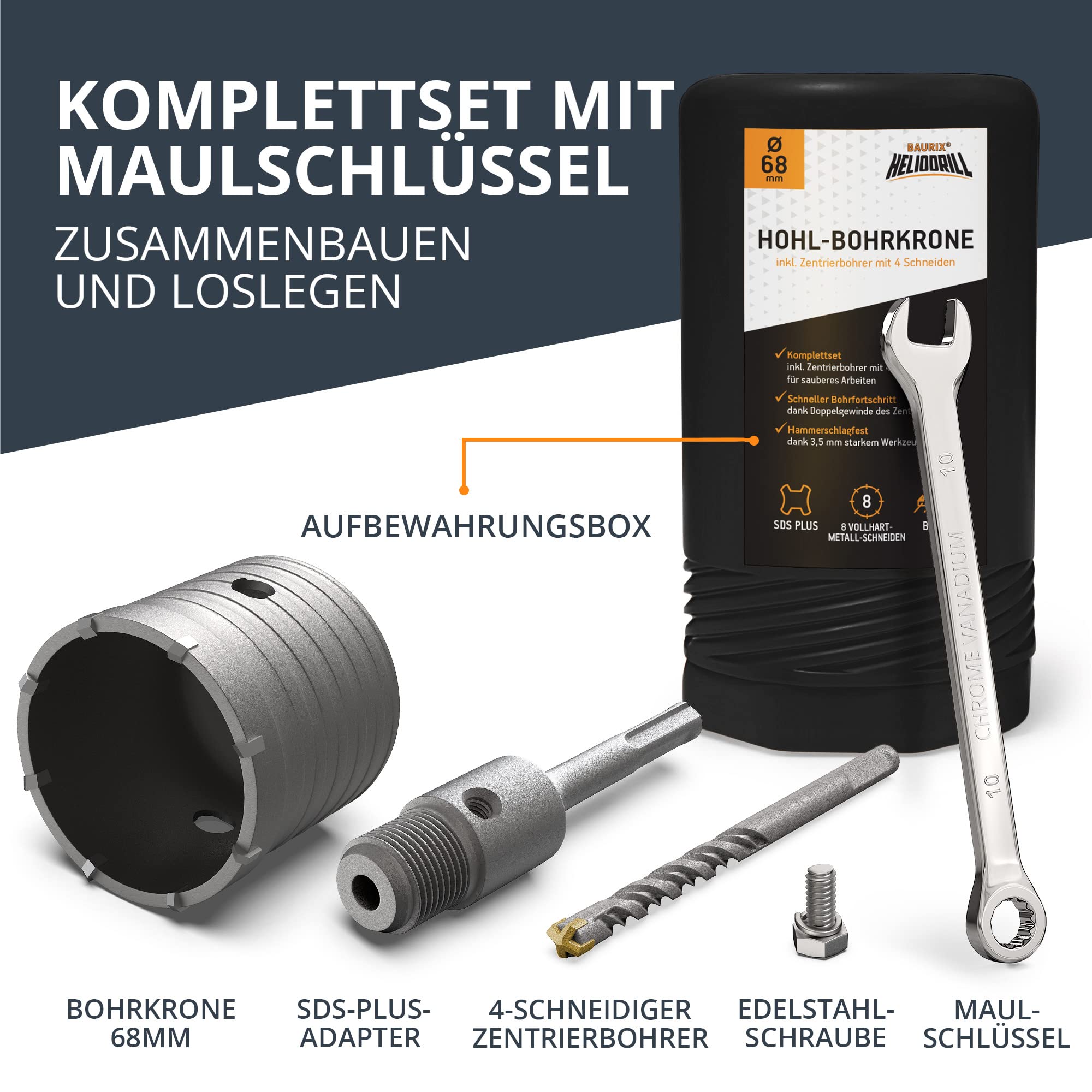 BAURIX® Hohl-Bohrkrone 68mm SDS Plus [8 Karbid-Zähne] I Dosensenker Hammerschlagfest I Für Unterputzdosen, Steckdosen I Mauerwerk, Stein, Beton, Trockenbau, Ytong I Steckdosenbohrer, Kronenbohrer