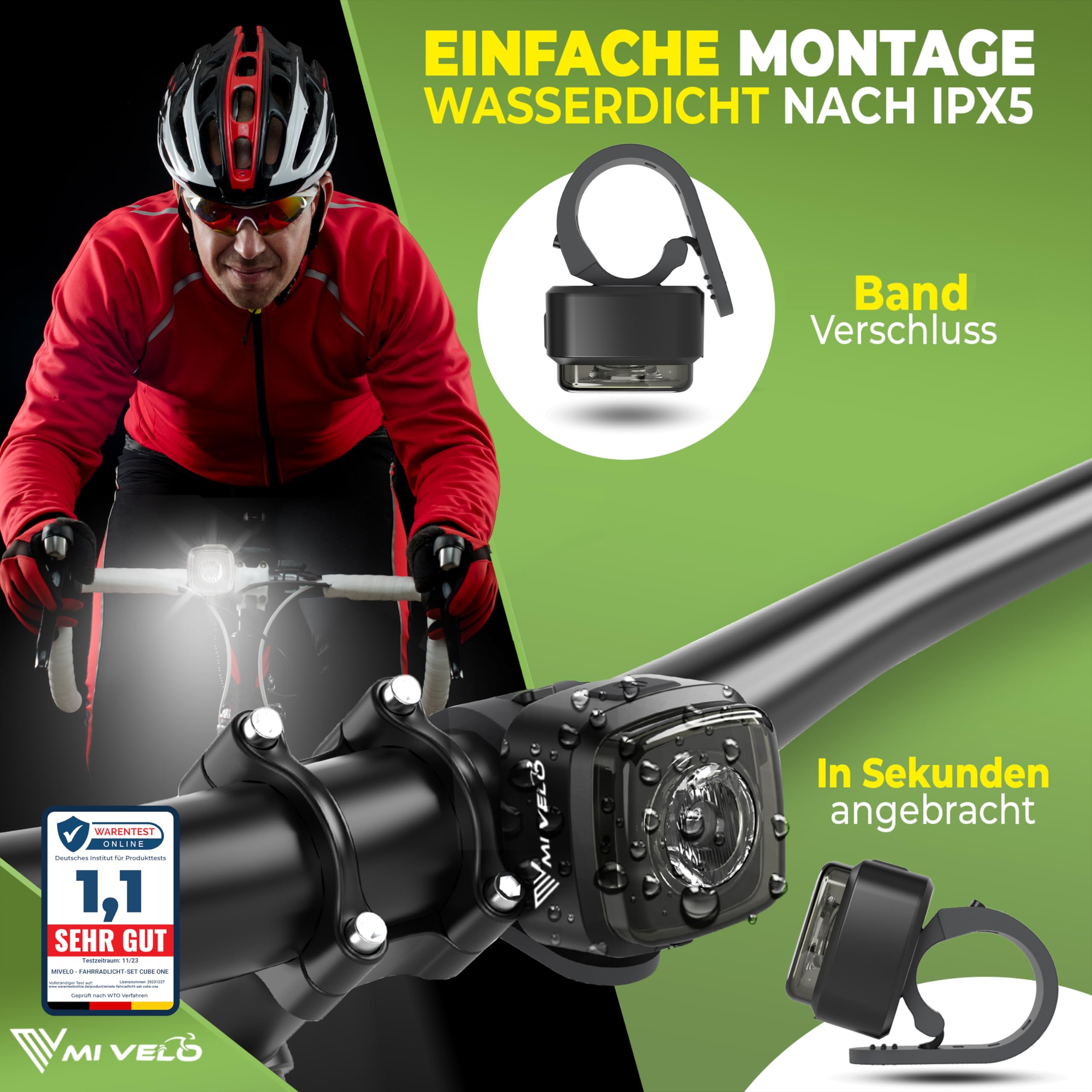 MIVELO Cube PRO Fahrradlicht Set mit Bremsfunktion StVZO zugelassen Fahrradbeleuchtung USB-aufladbar & 100% wasserdicht LED Fahrrad Licht vorne & hinten Rücklicht, Fahrradbeleuchtung