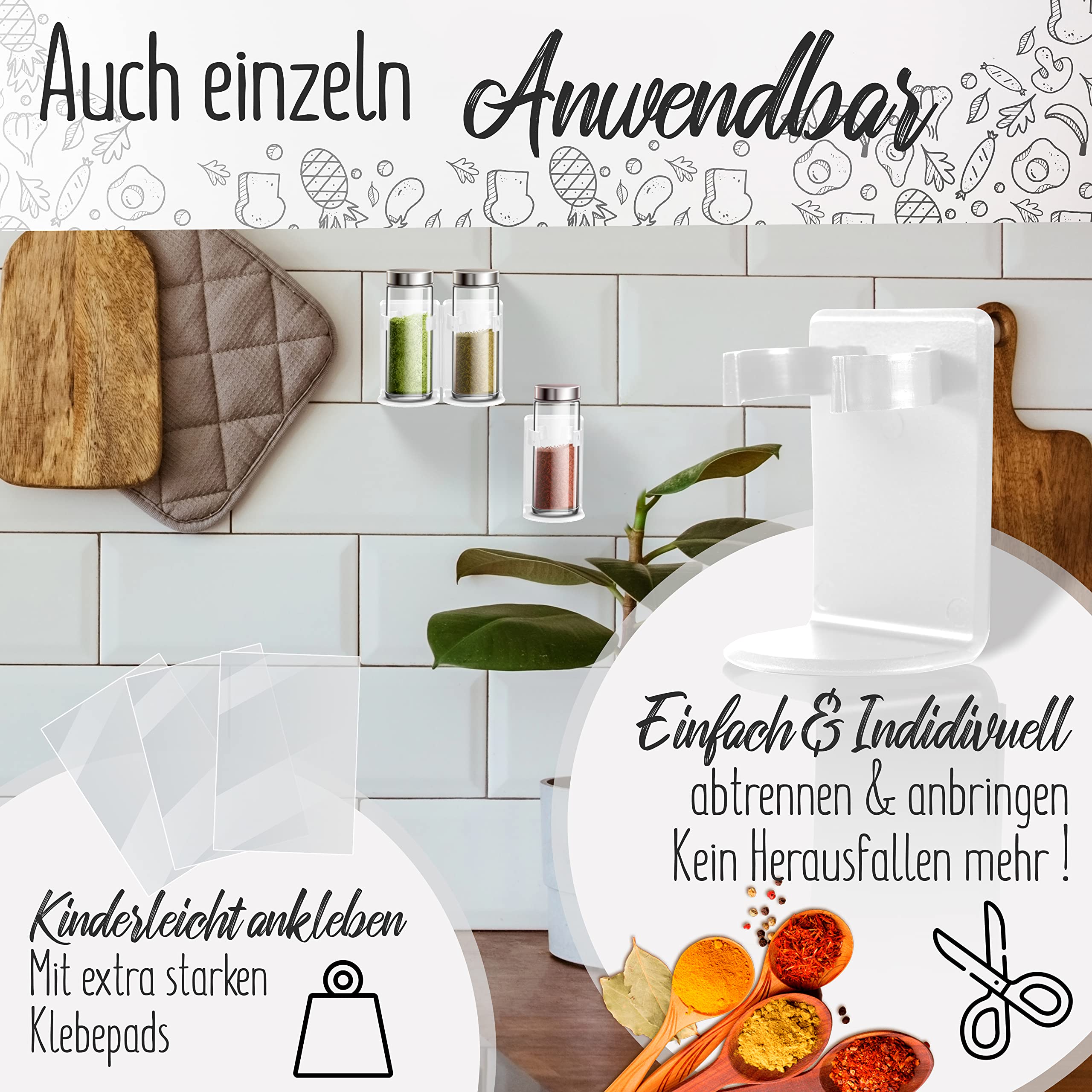 LOBUX® - Gewürzregal ohne bohren [Platz für 20 Gewürze] - Küchenschrank Gewürzhalter selbstklebend - Ideal für Küche, Wand, Schranktür, Wohnmobil (ohne Gläser, weiß)