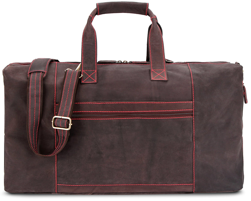 Leabags Leder Weekender Damen & Herren I Echtleder Premium Reisetasche I 55 l Sporttasche I Duffle Travel Gym Bag I Sporttasche I Trainingstasche I Tasche Flugzeug I groß I Dark Brown/Red