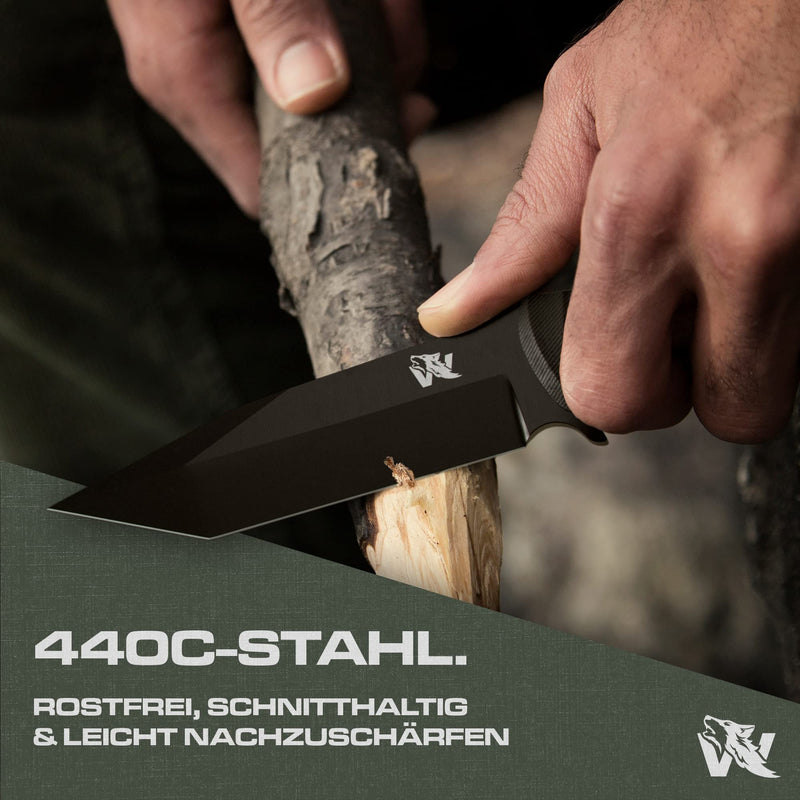 Wolfgangs IMPETUS Hochwertiges Outdoor Messer Feststehend aus feinstem 440C Stahl - Jagdmesser inkl. Kydex Holster - Survival Messer Outdoor das perfekte Überlebensmesser in der Wildnis (Schwarz)