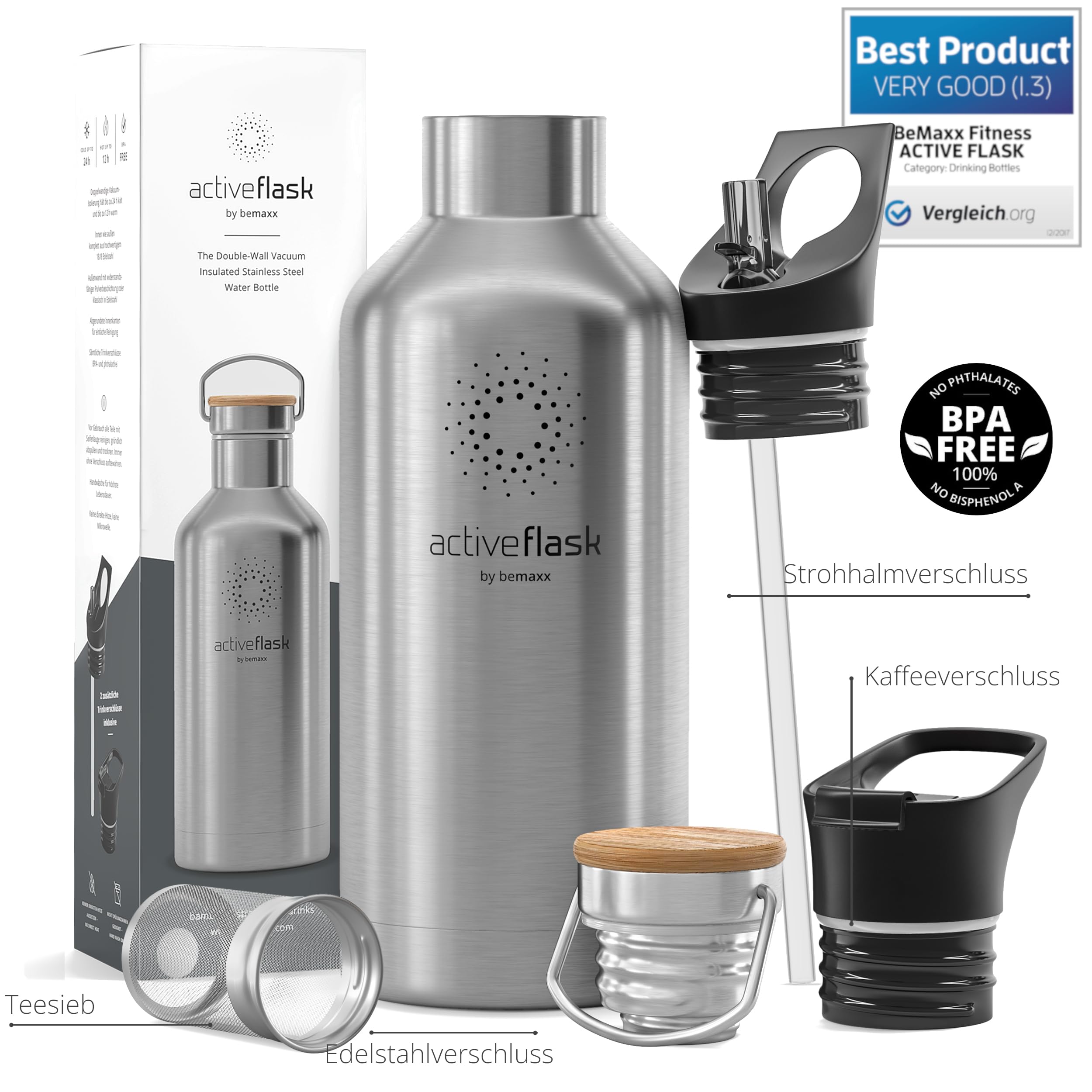 Trinkflasche Edelstahl mit Strohhalm, Infuser + 3 Deckel: BPA-frei, Auslaufsicher, Kohlensäure geeignet - Wasserflasche Fahrrad Thermosflasche Isoliert Isolierflasche Sport Wasser Flasche Kinder Tee