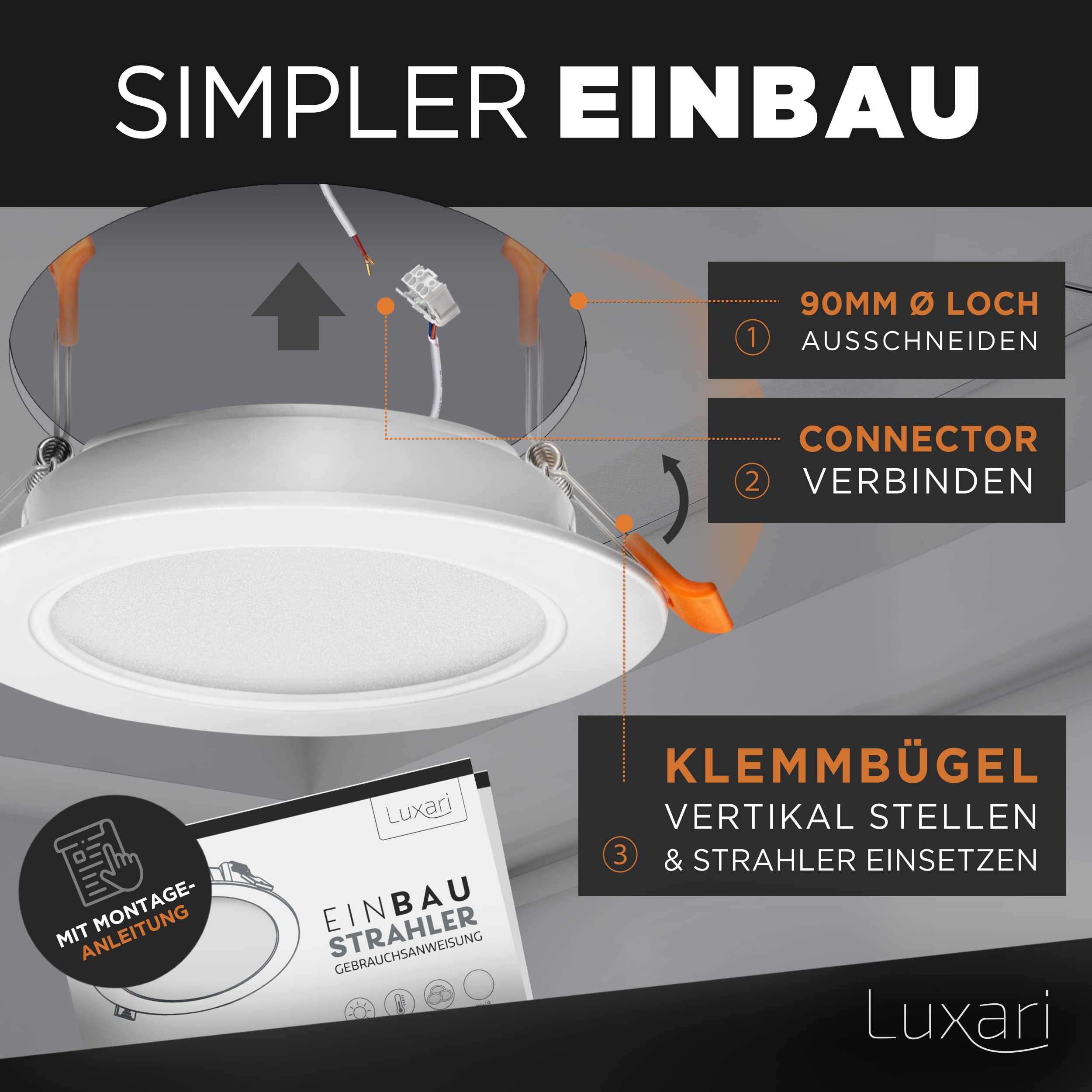 Luxari LED Einbaustrahler 230V flach − Strahlende LED Einbauleuchten [6er Set 8W] − Bad LED Spot [3000K warmweiß] − Deckenstrahler − IP54