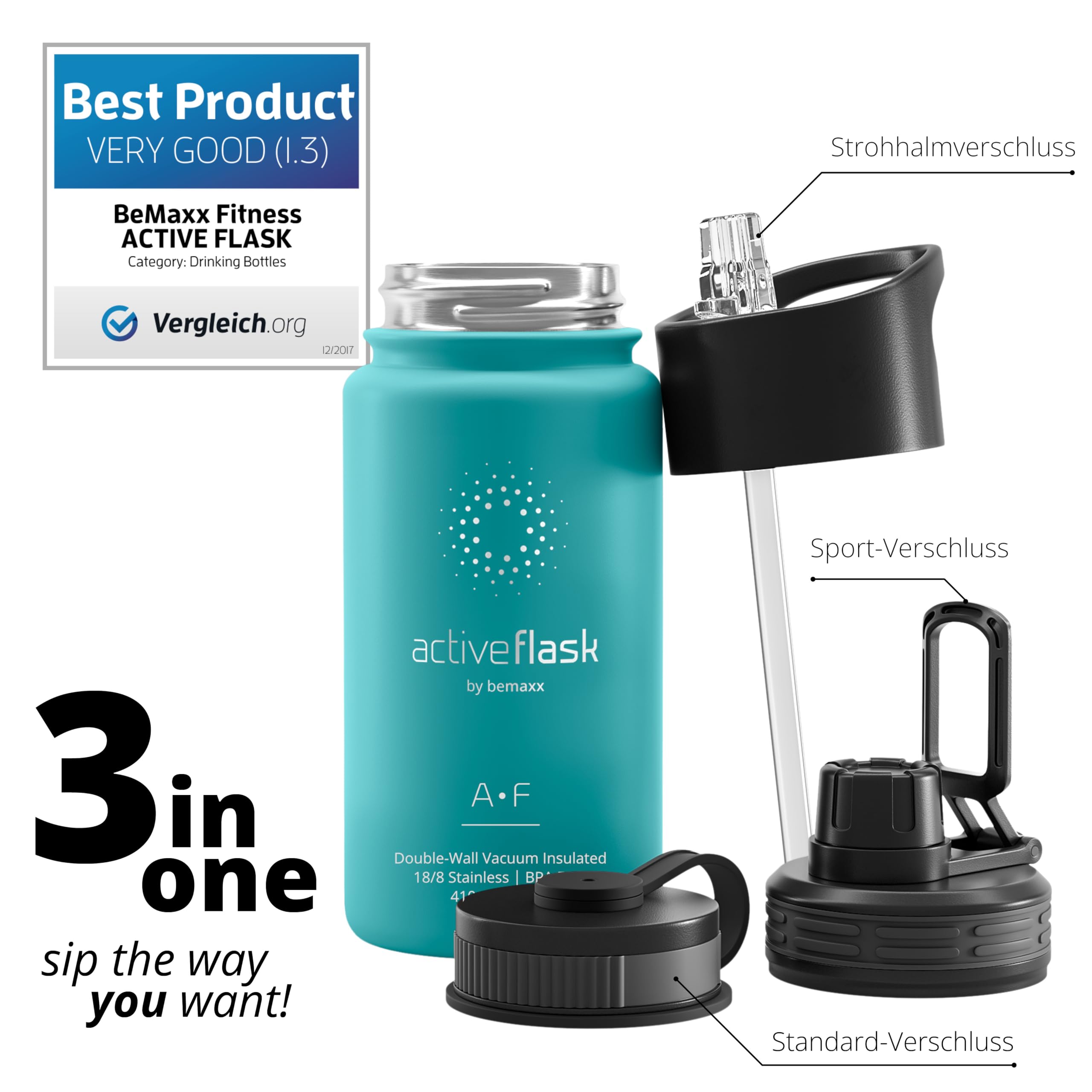 Trinkflasche Edelstahl ACTIVE FLASK + Strohhalm (3 Deckel) BPA-frei, Auslaufsicher, Kohlensäure geeignet - Wasserflasche Fahrrad Thermosflasche Isoliert Isolierflasche Sport Wasser Flasche Kinder Tee