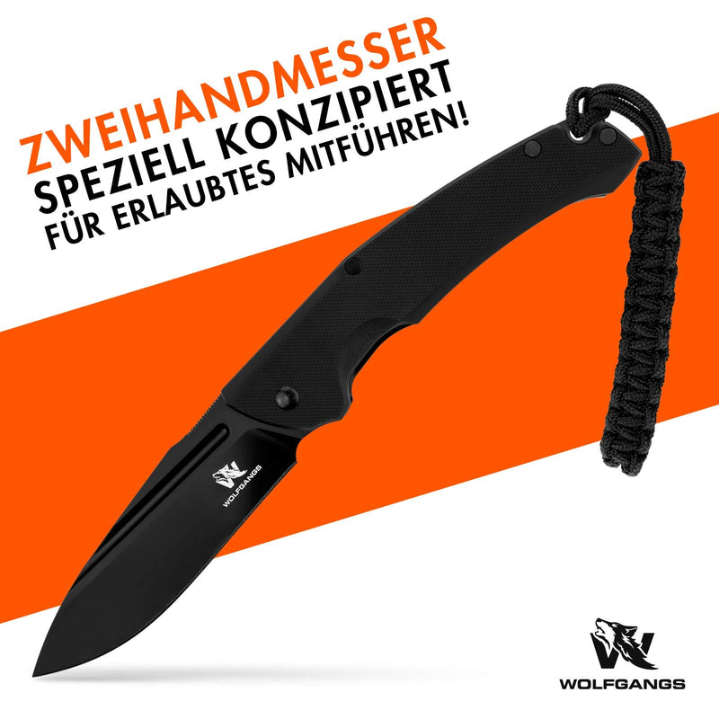 Wolfgangs TELUM Zweihandmesser Klappmesser aus feinstem D2 Stahl - Legales Taschenmesser Klappmesser - Rebustes Outdoor Messer Survival - Klappmesser Outdoor inkl. Kydex Holster (komplett schwarz)