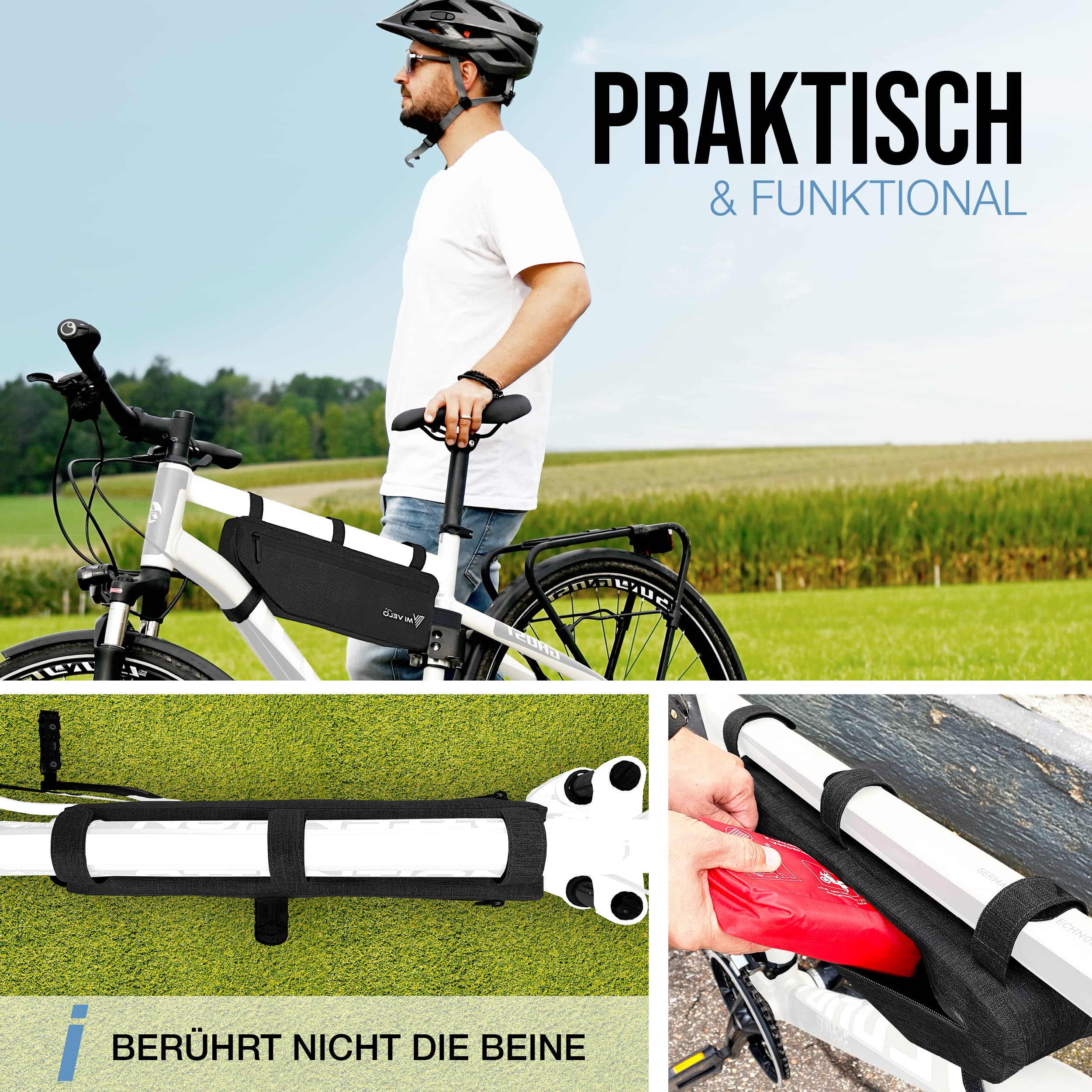 MIVELO Fahrradtasche Rahmen - Rahmentasche Fahrrad - 100% recyclebar und wasserdicht - Oberrohrtasche - 3L schwarz