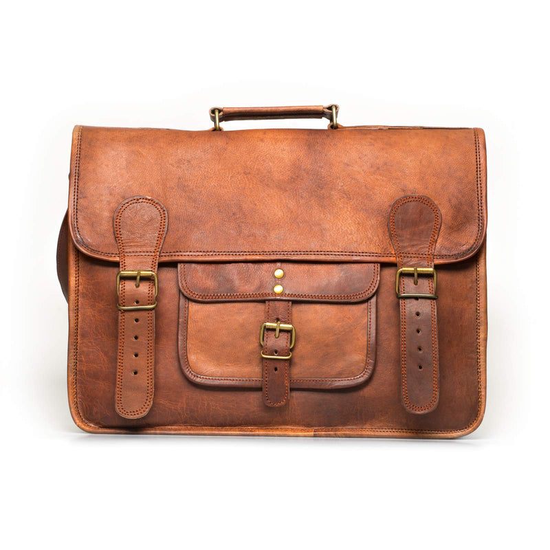 Leather Lane 'Samuel' Schultertasche Echtes Leder 16 Zoll Messenger Bag Vintage Aktentasche Business Tasche Unitasche Laptoptasche Umhängetasche Naturleder Braun