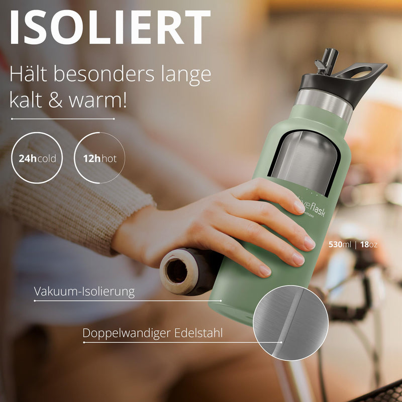 Trinkflasche Edelstahl mit Strohhalm, Infuser + 3 Deckel: BPA-frei, Auslaufsicher, Kohlensäure geeignet - Wasserflasche Fahrrad Thermosflasche Isoliert Isolierflasche Sport Wasser Flasche Kinder Tee