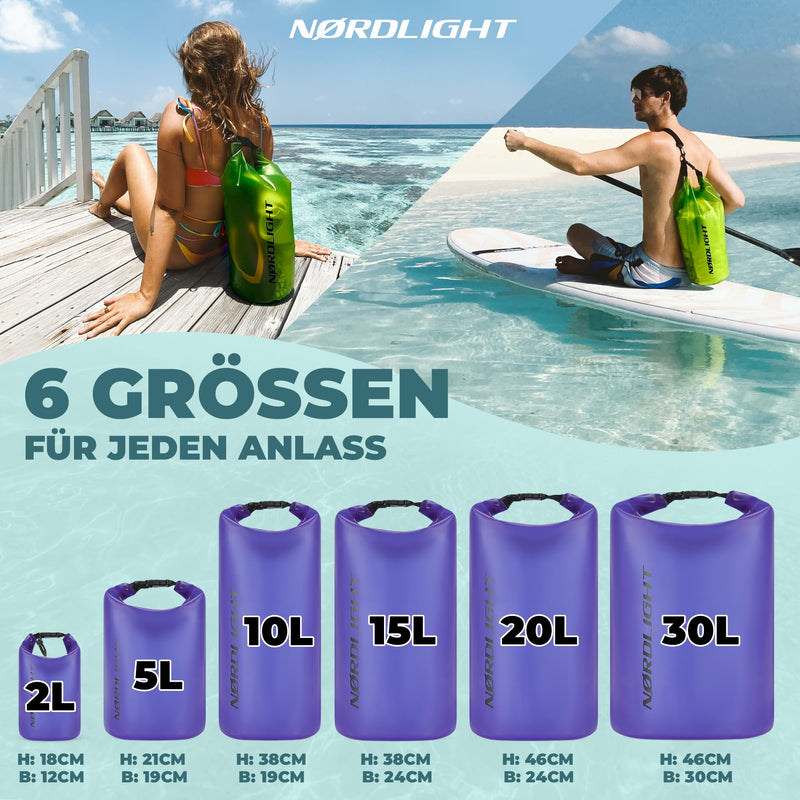 Nordlight Dry Bag 20L Wasserdichter Beutel - (Lila) Wasserdichter Packsack Mit Roll Top Verschluss Und Schultergurt | Schwimmen, Baden, Strand, Kanu, Stand Up Paddling, Tauchen