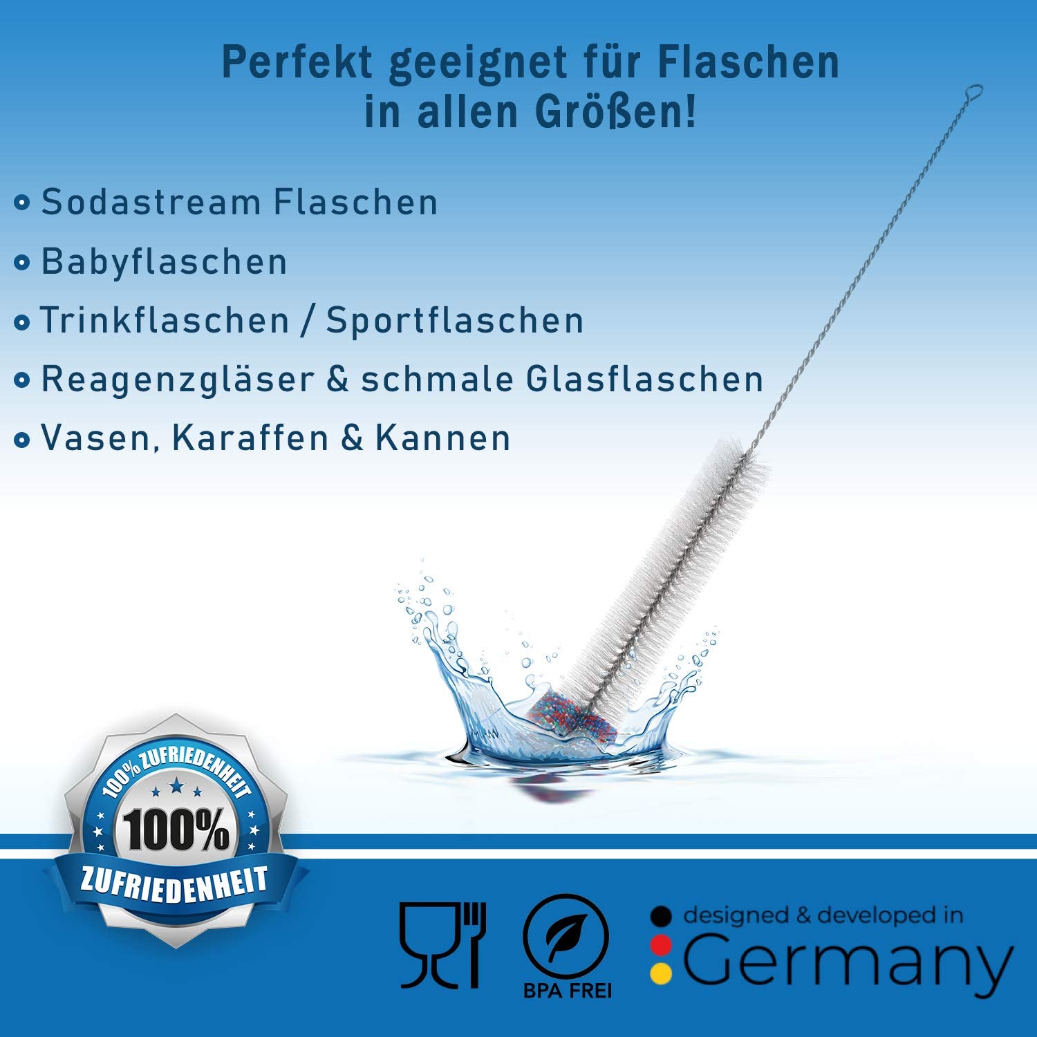 FLASCHOX Premium Flaschenbürste 3er Set I Verbessertes Konzept 2023 I Reinigungsbürste kratzerfrei reinigender Wollkopf I Flaschenreiniger Glasflasche I 3X Glasbürste versch. Größe