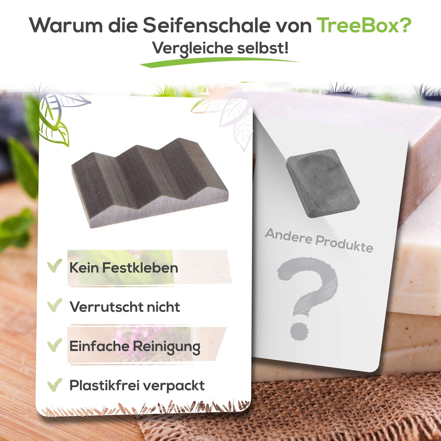 TreeBox Moderne Seifenschale aus natürlichem Sandstein - Inkl. 4 Antirutschfüßen aus Silikon - Perfekt geeignet für Bad und Küche - Umweltfreundliche Seifenablage