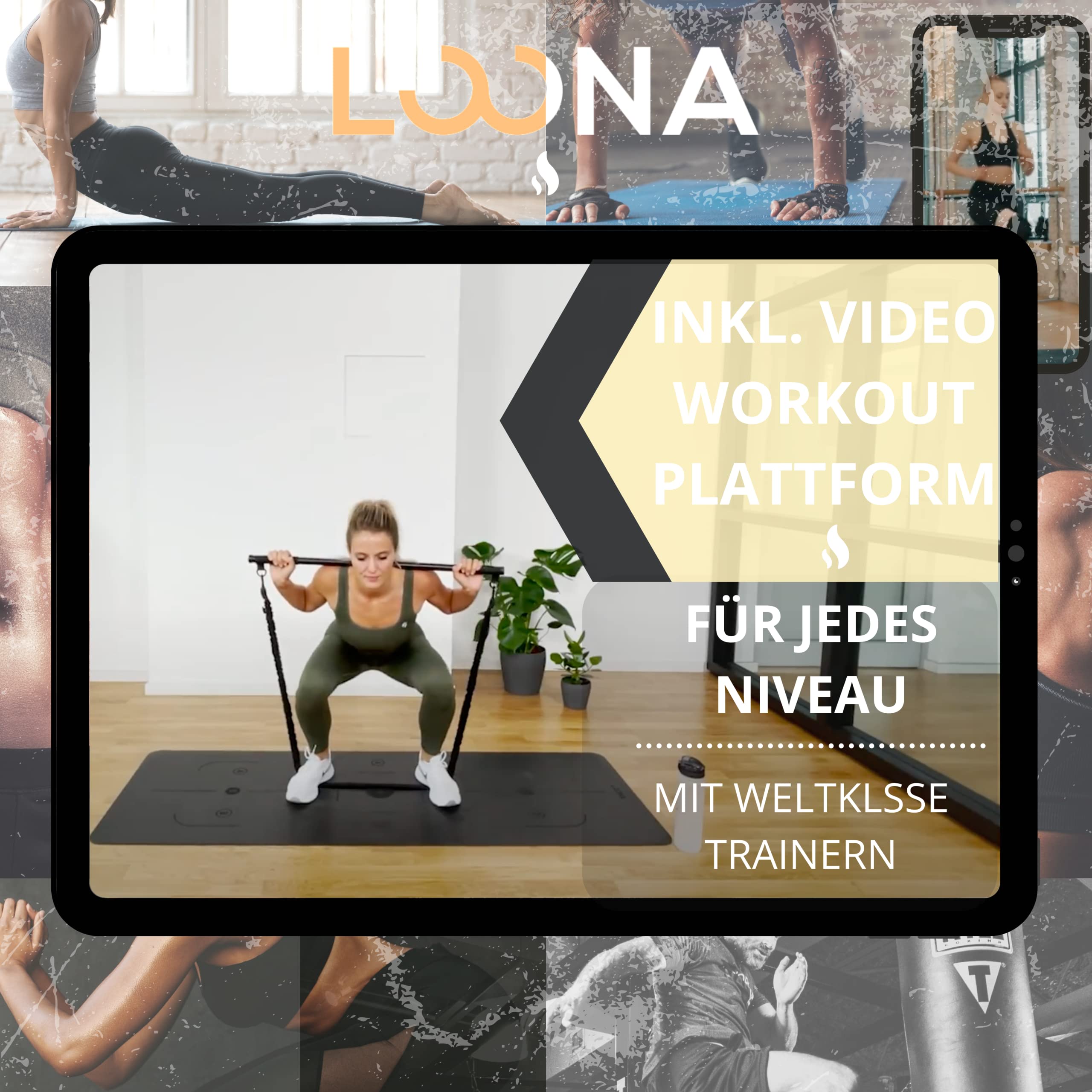 Loona Gym – Body Toner Bar inklusive 3 Widerstand-Bänder mit verschiedenen Stärken 10 kg, 15 kg und 30 kg – für Anfänger und Profis - Pilates Bar, Pilates Stange Fitness Set mit Widerstandsbändern