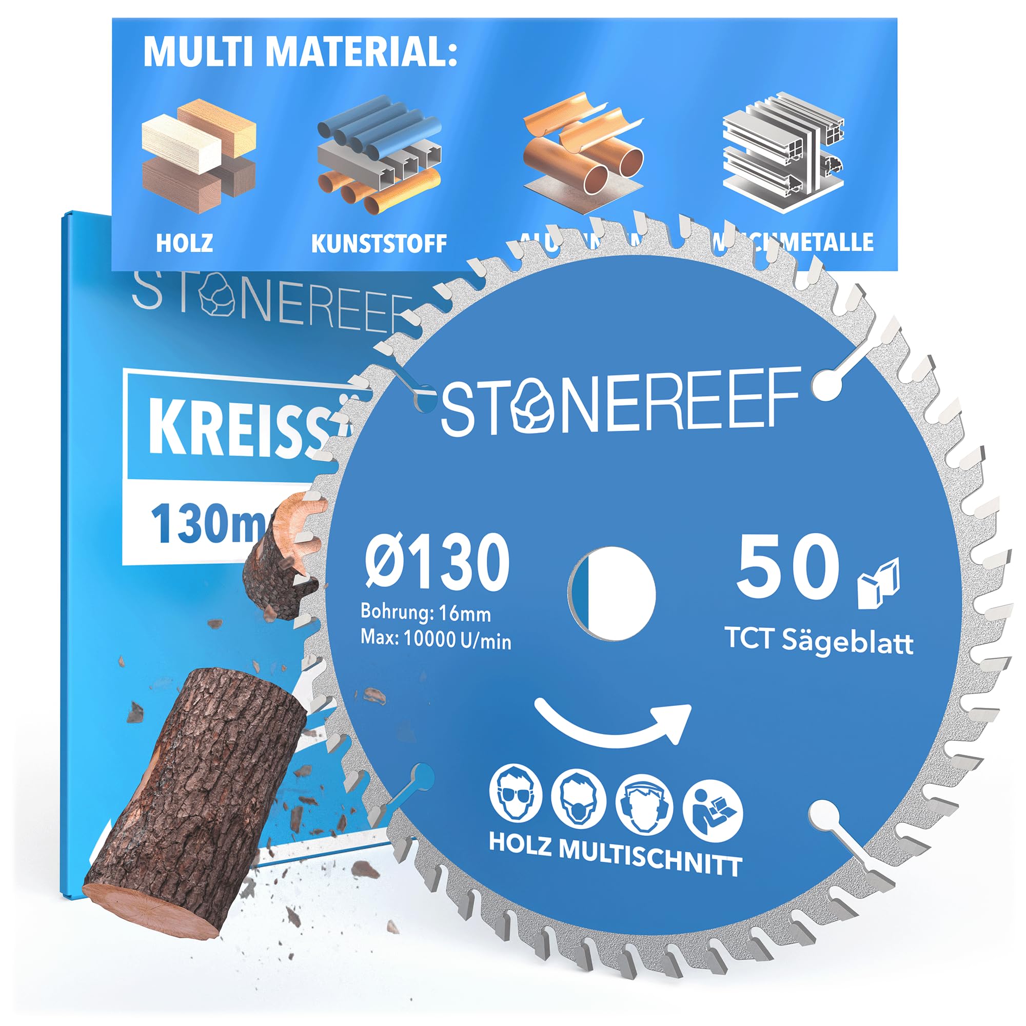 STONE REEF Sägeblatt 130X16 - Kreissägeblatt kompatibel mit Tauchsäge & Kreissäge von Bosch, Makita usw. - Sägeblatt Kreissäge Nagelfest, ideal für Holz, Metall & Alu