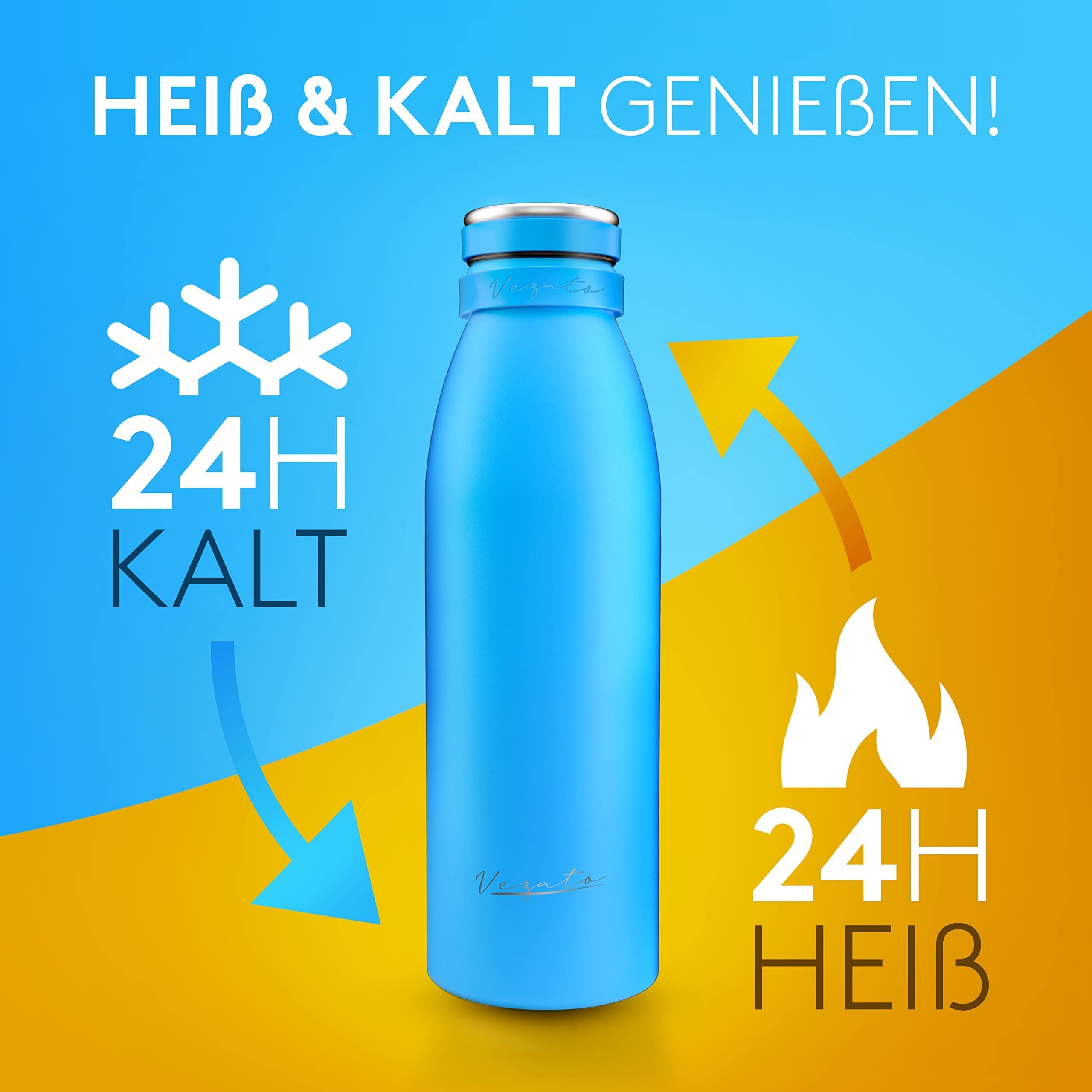 Vezato Trinkflasche Edelstahl - BPA-freie Isolierflasche 1 Liter - Auslaufsichere Wasserflasche mit doppelter Isolierung - Thermosflasche spülmaschinenfest - Für Kohlensäure geeignet - Nachhaltig