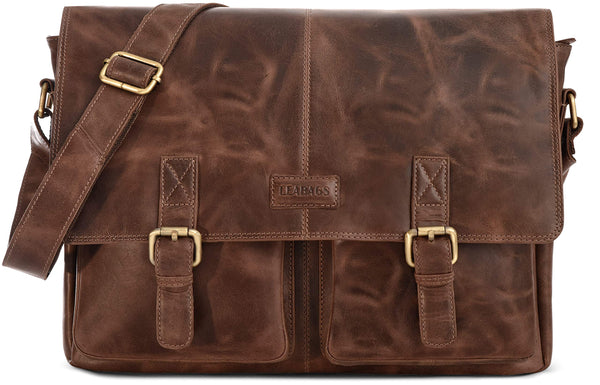 LEABAGS Leder Aktentasche Herren & Damen I Echtleder Laptoptasche bis 15 Zoll I Umhängetasche mit Schultergurt I Schultertasche I Messenger Bag I Arbeitstasche I Lehrertasche I Vintage Cognac