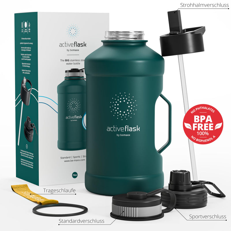 BeMaxx Trinkflasche Edelstahl ACTIVE FLASK + Strohhalm (3 Deckel) | Große 2,2 Liter Sportflasche BPA-frei Auslaufsicher Kohlensäure geeignet, 2l XL Wasserflasche Sport Outdoor Fitness Wasser Flasche