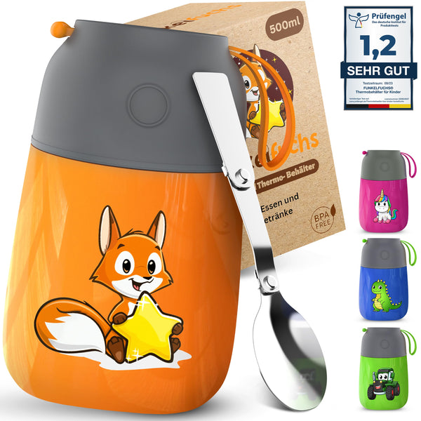 Funkelfuchs® Thermobehälter für Essen Kinder – 500ml, Orange Fuchs – 100% auslaufsicher - Warmhaltebehälter Essen Edelstahl – Thermobecher Essen – Thermo Lunchbox Kinder – Warmhaltebehälter Babybrei