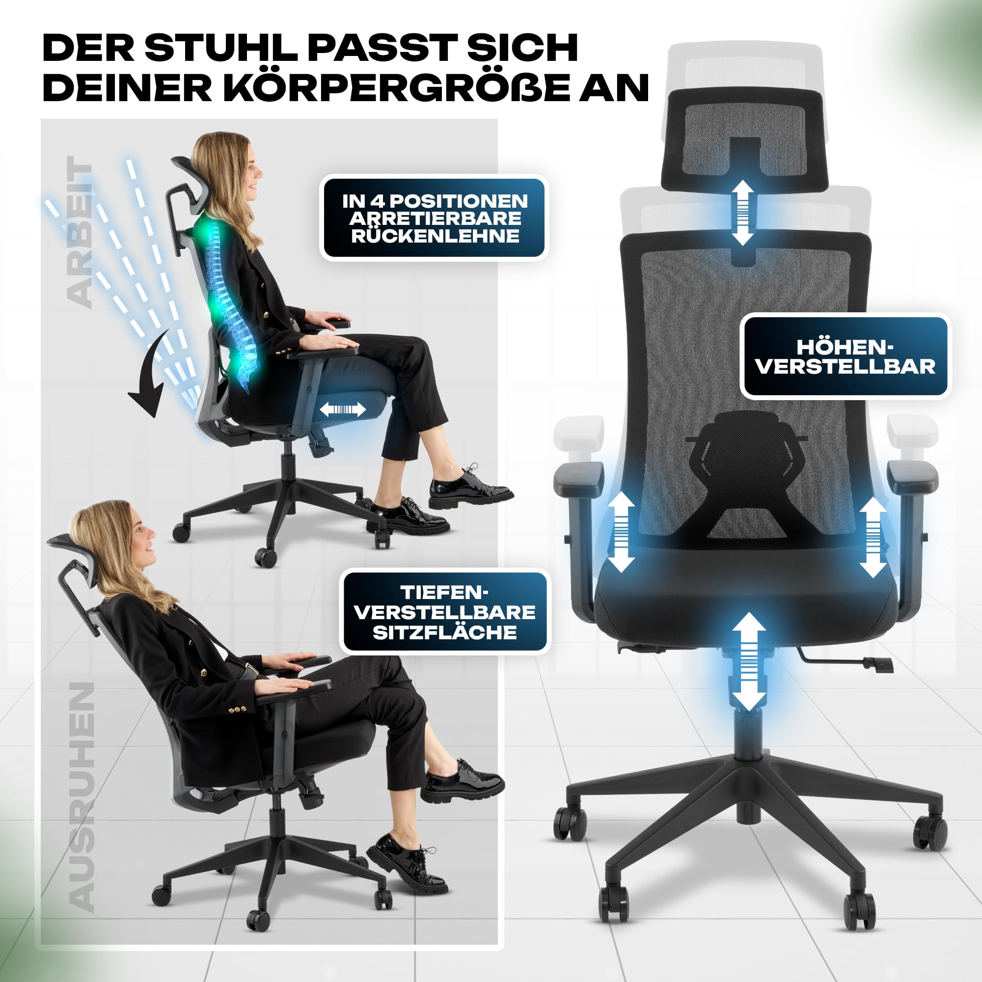 VALKENSTOL M3 Komfort Ergonomischer Bürostuhl 150 kg – [Höhenverstellbare Lordosenstütze] Schreibtischstuhl Bürostühle Bürostuhl Ergonomisch PC Stuhl Drehstuhl Office Chair Ergonomic Desk