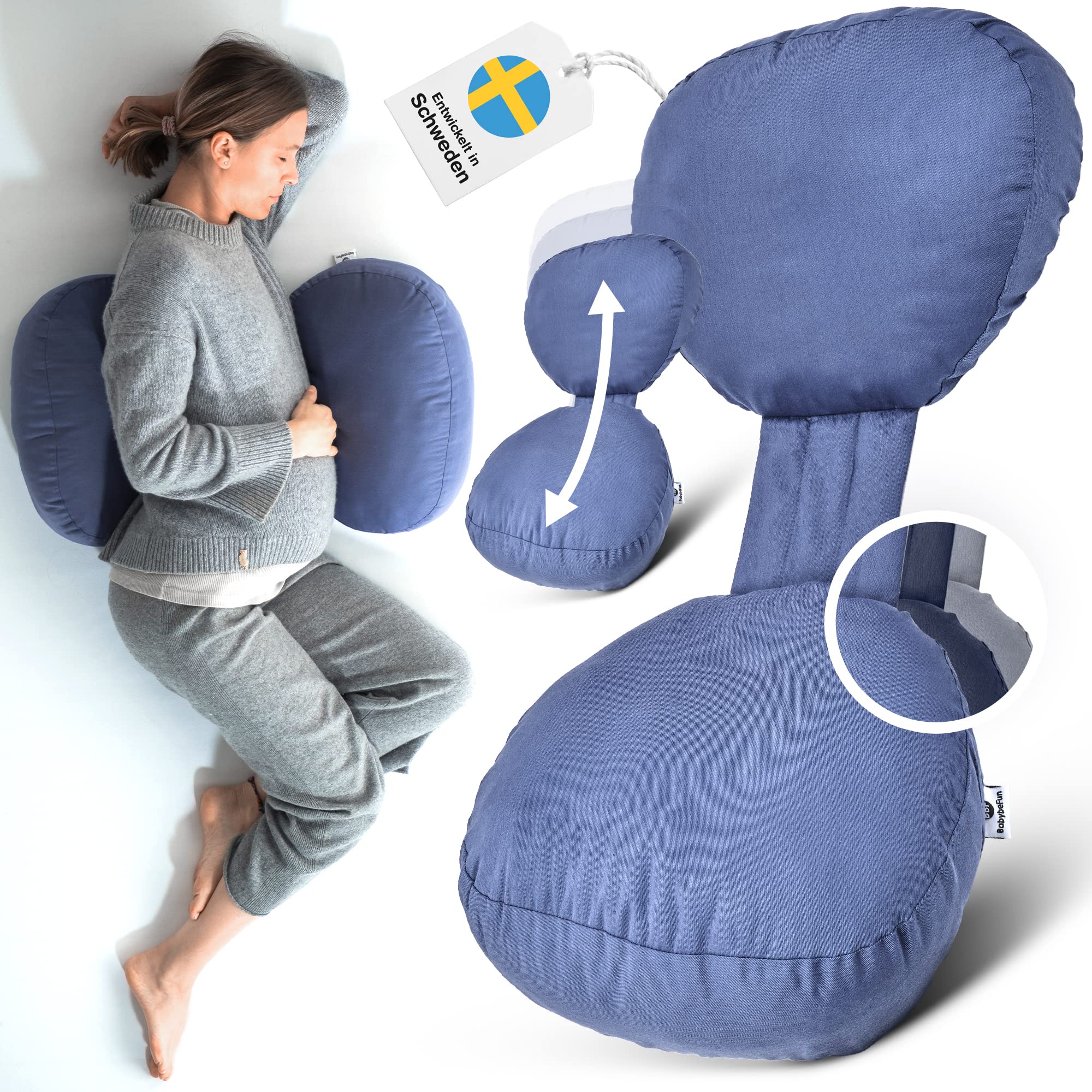 BabybeFun Schwangerschaftskissen [Platzsparend] Pregnancy Pillow für optimale Seitenlage mit Verstellbarer Größe für Schlafkomfort und gegen Rückenschmerzen | Dunkelblau