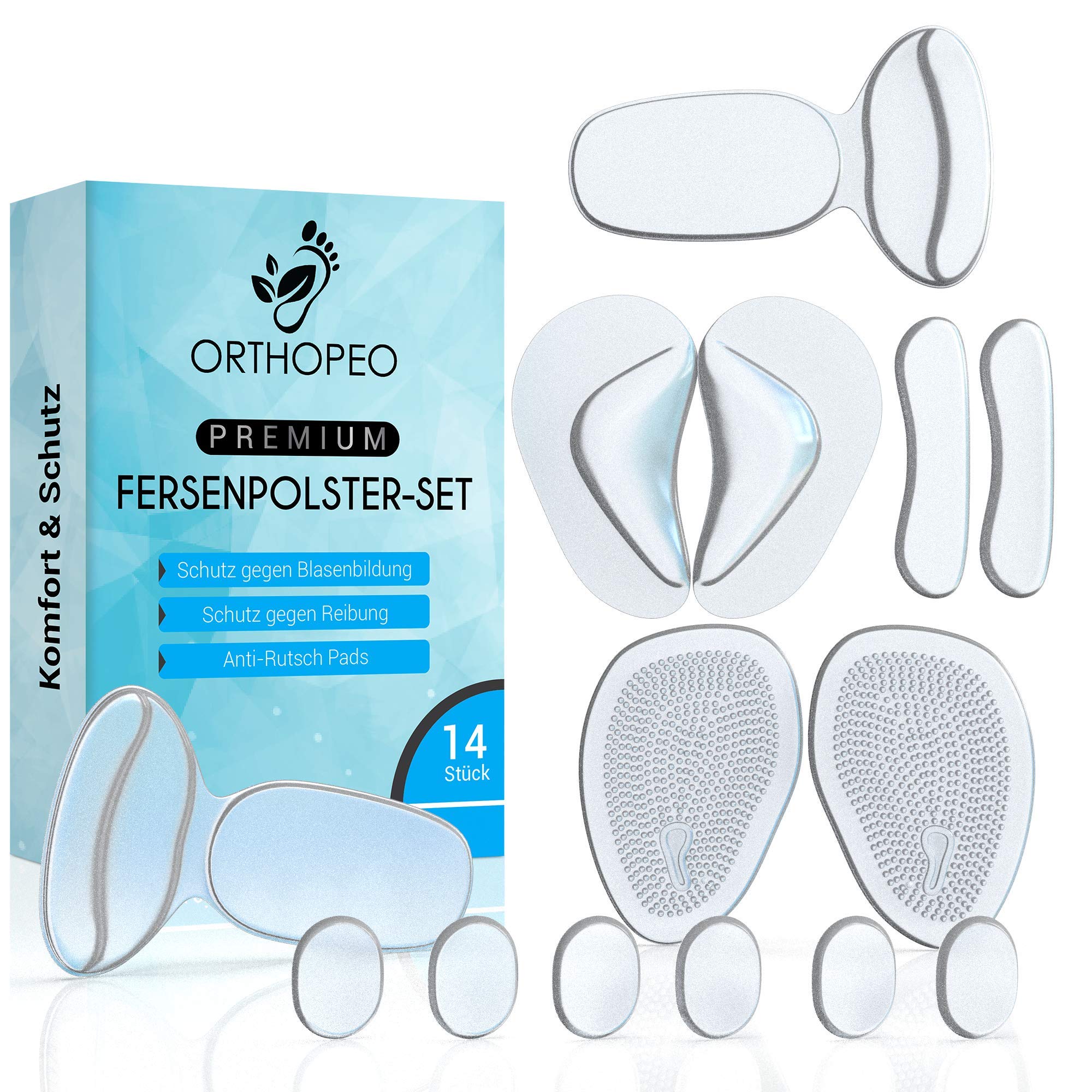 ORTHOPEO Premium Fersenpolster I Silikon I Gel I gegen Blasen & Reibung I 14er Set Silikonpolster Gelpolster Gelkissen Fersenschutz Ballenpolster Antirutsch im Schuh High Heels Schuhpolster