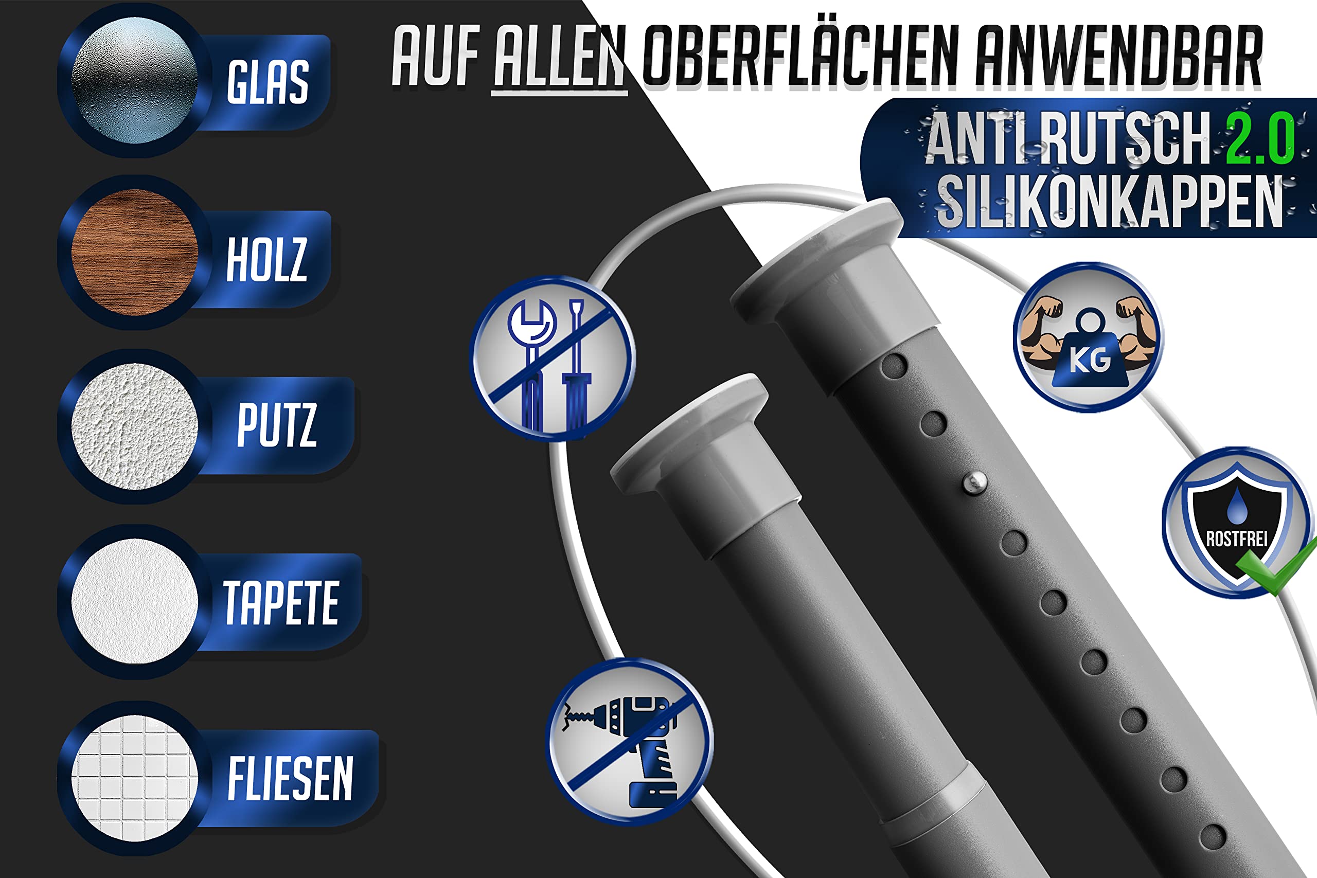 MEISENBERG Teleskopstange ohne Bohren 260-310cm, Ø32mm Grau Multifunktionale Gardinenstange Klemmbar - Vorhangstange, Spannstange Ausziehbar - für ihre Gardinen, Trennwand und Balkon