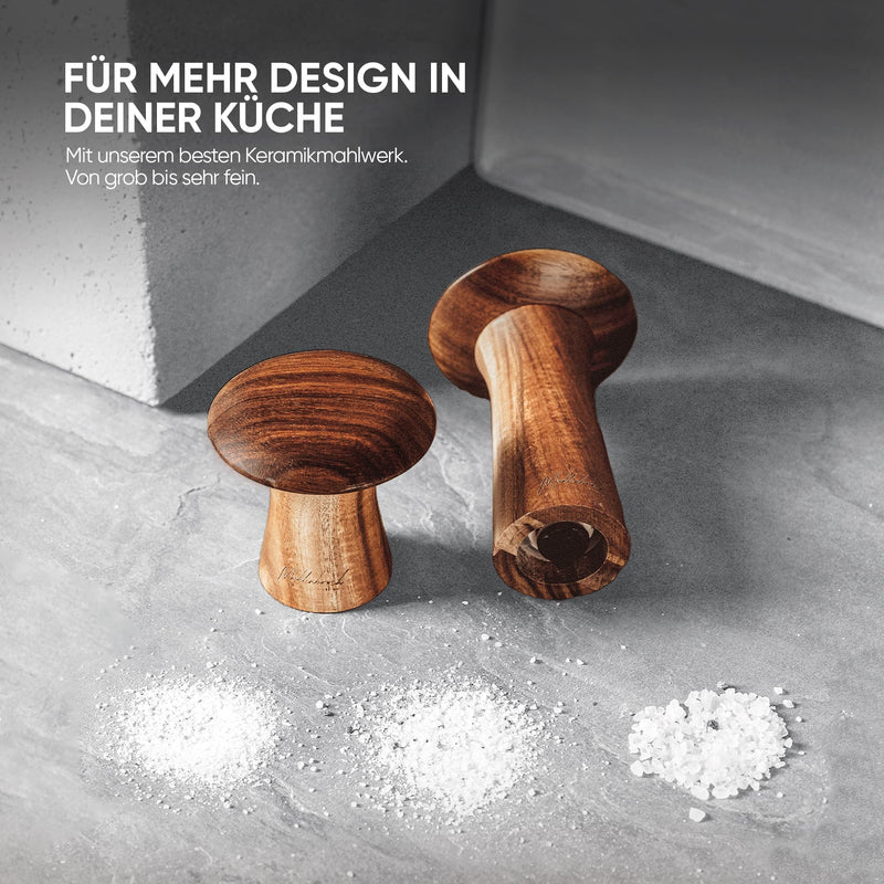 Mühlenbruch Design Salz und Pfeffermühle FSC HOLZ 15cm - 2er Set mit Pfeffer und Salzmühle - Manuelle Gewürzmühle Keramikmahlwerk - Küchenhelfer Geschenkidee Weihnachten - Akazie - Pilzform Deko