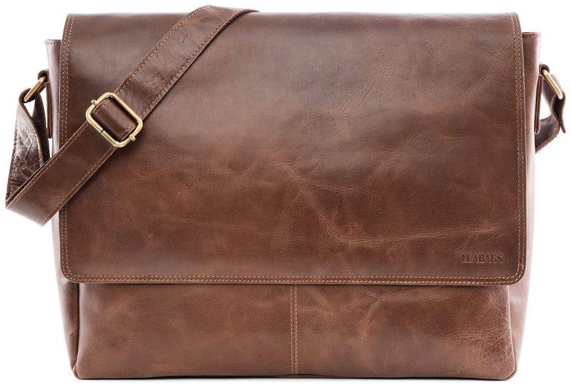 LEABAGS Leder Aktentasche Herren & Damen I Echtleder Laptoptasche bis 15 Zoll I Umhängetasche mit Schultergurt I Schultertasche I Messenger Bag I Arbeitstasche I Lehrertasche I Vintage Cognac