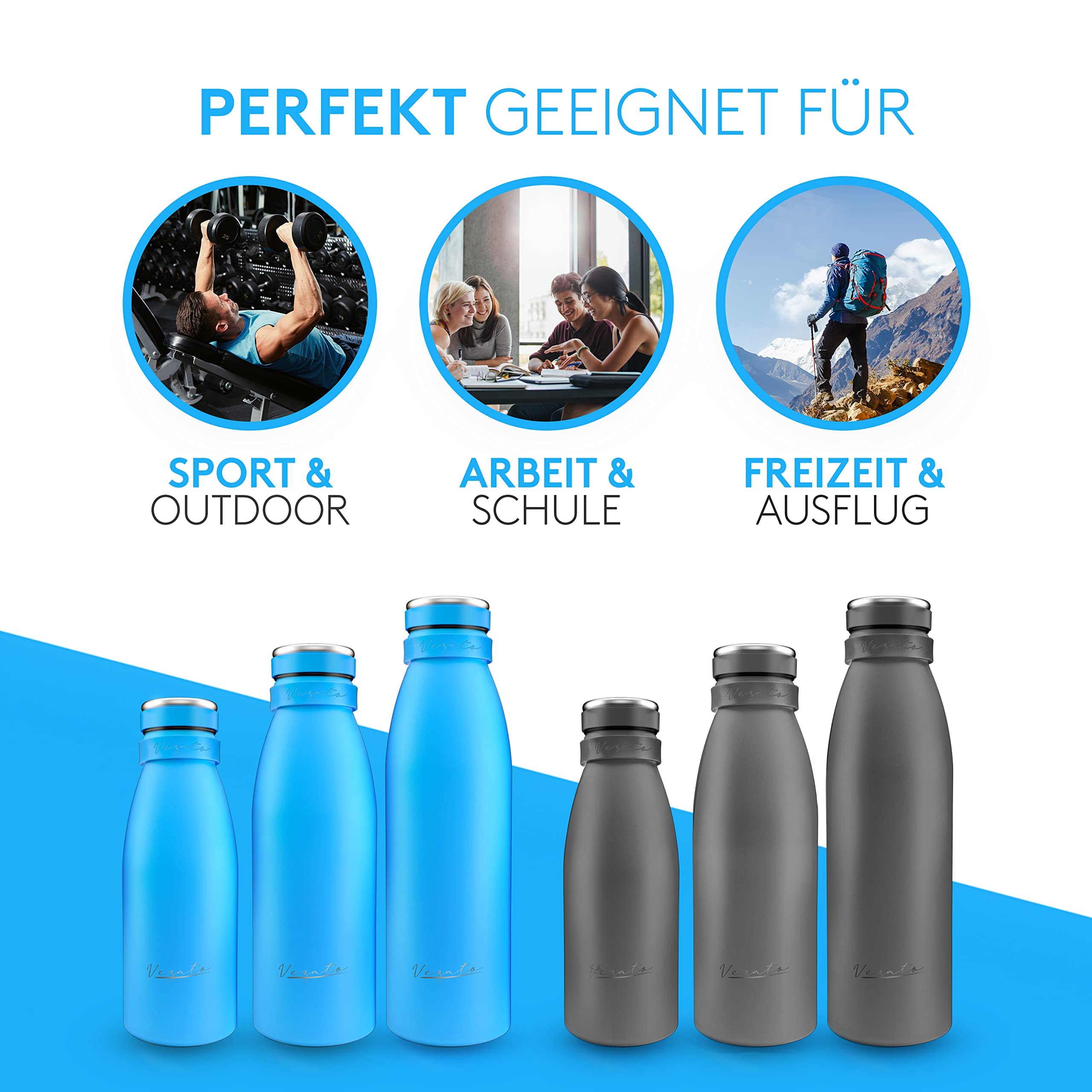 Vezato Trinkflasche Edelstahl - BPA-freie Isolierflasche 500 ml - Auslaufsichere Wasserflasche mit doppelter Isolierung - Thermosflasche spülmaschinenfest - Für Kohlensäure geeignet - Nachhaltig