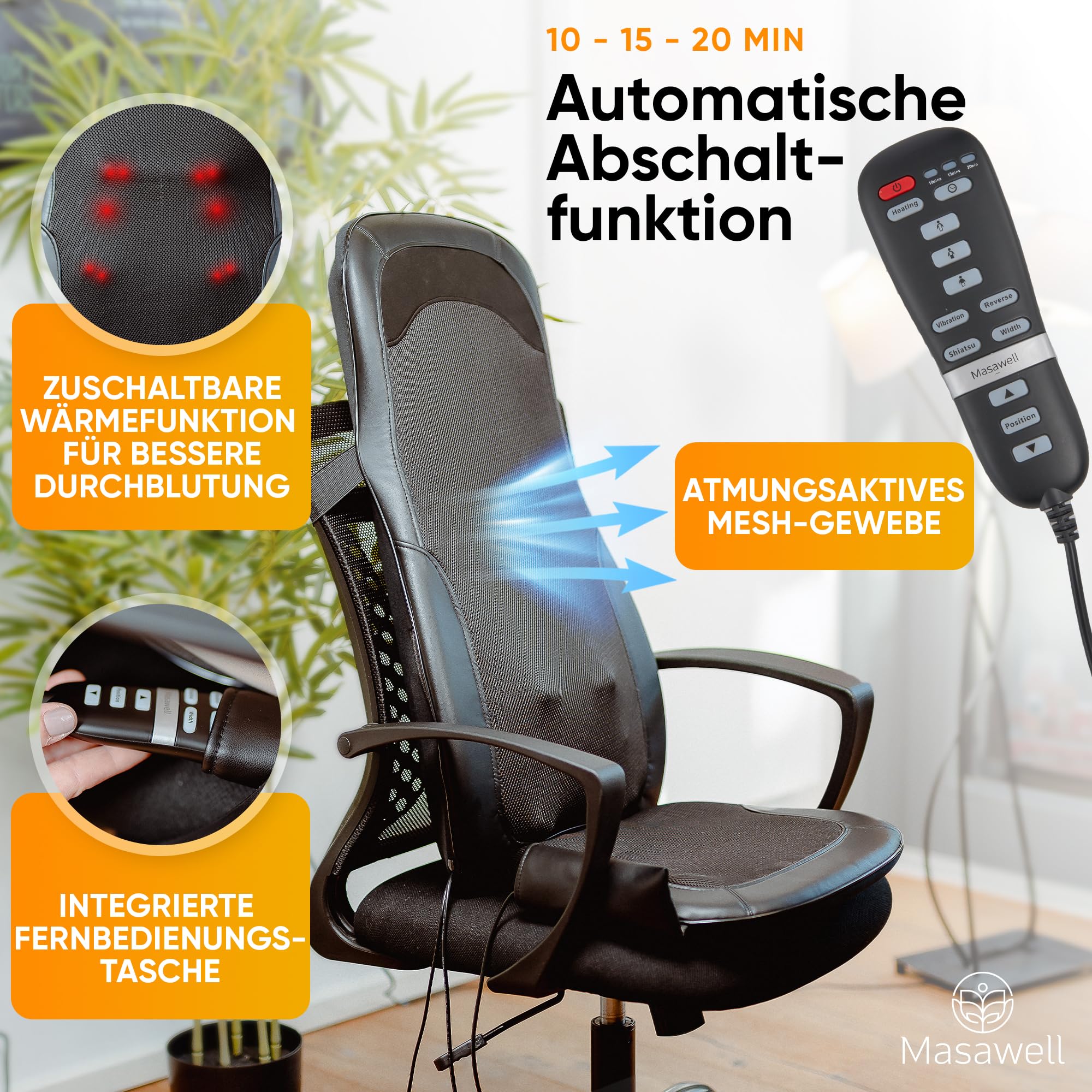 Masawell Shiatsu Massagesitzauflage MW21 | Rücken- und Schultermassage [mit Wide Back Technologie] | Massagegerät mit Spot-, Wärme- und Vibrationsfunktion | Massageauflage für Zuhause - Büro