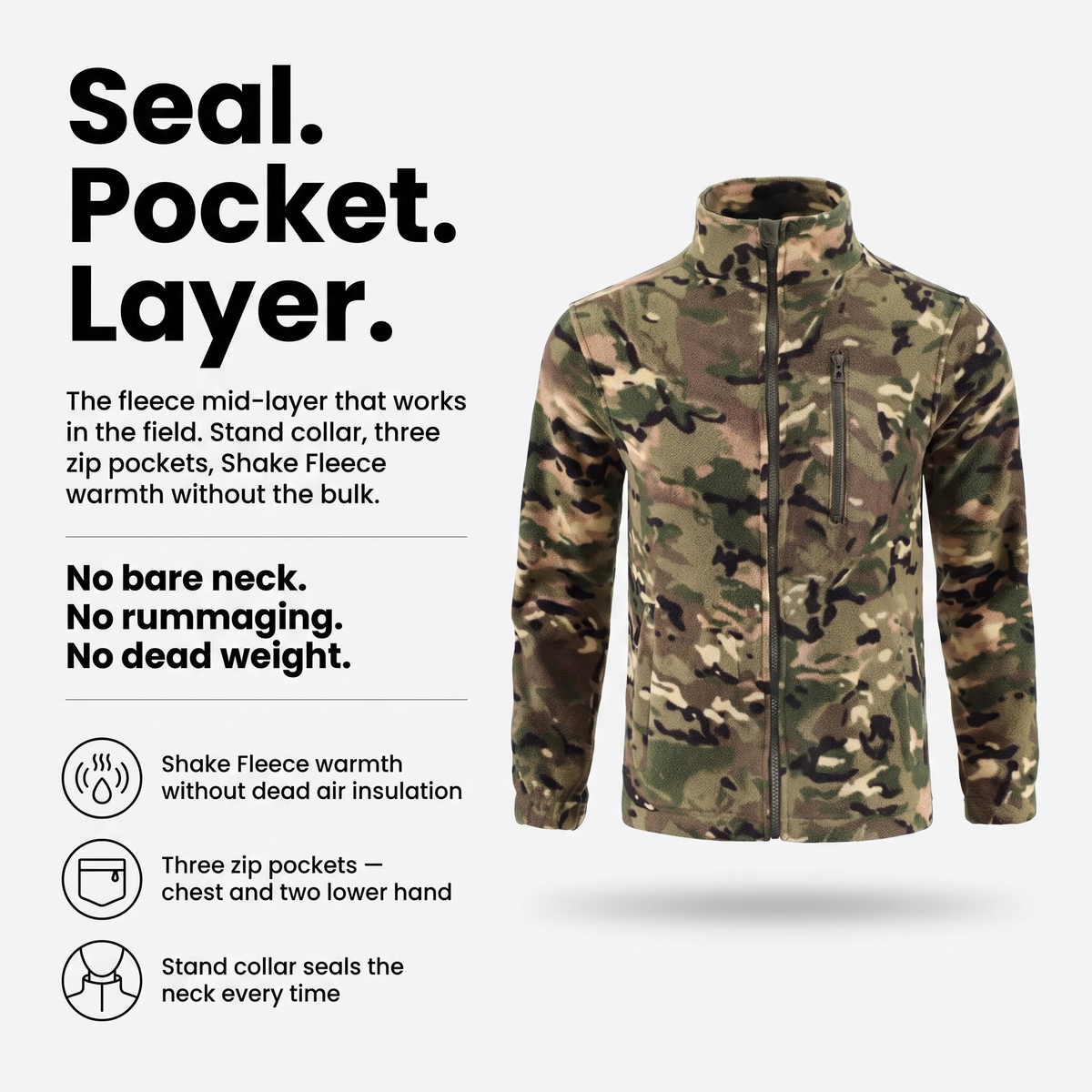 Herren Camo-Fleecejacke – durchgehender Reißverschluss, Stehkragen