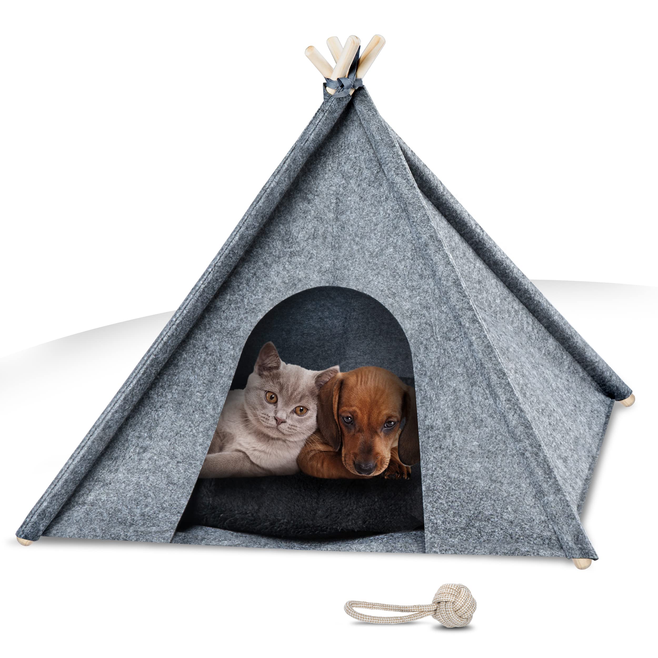 NAPFINO - Gemütliche Hundehöhle & Katzenhöhle - Angenehme Hundehütte Indoor aus Filz - Hundezelt mit weichem Kissen & Anti Milben Bezug - Für Balkon, Garten & Wohnzimmer - Inkl. Spielzeug (Größe S)