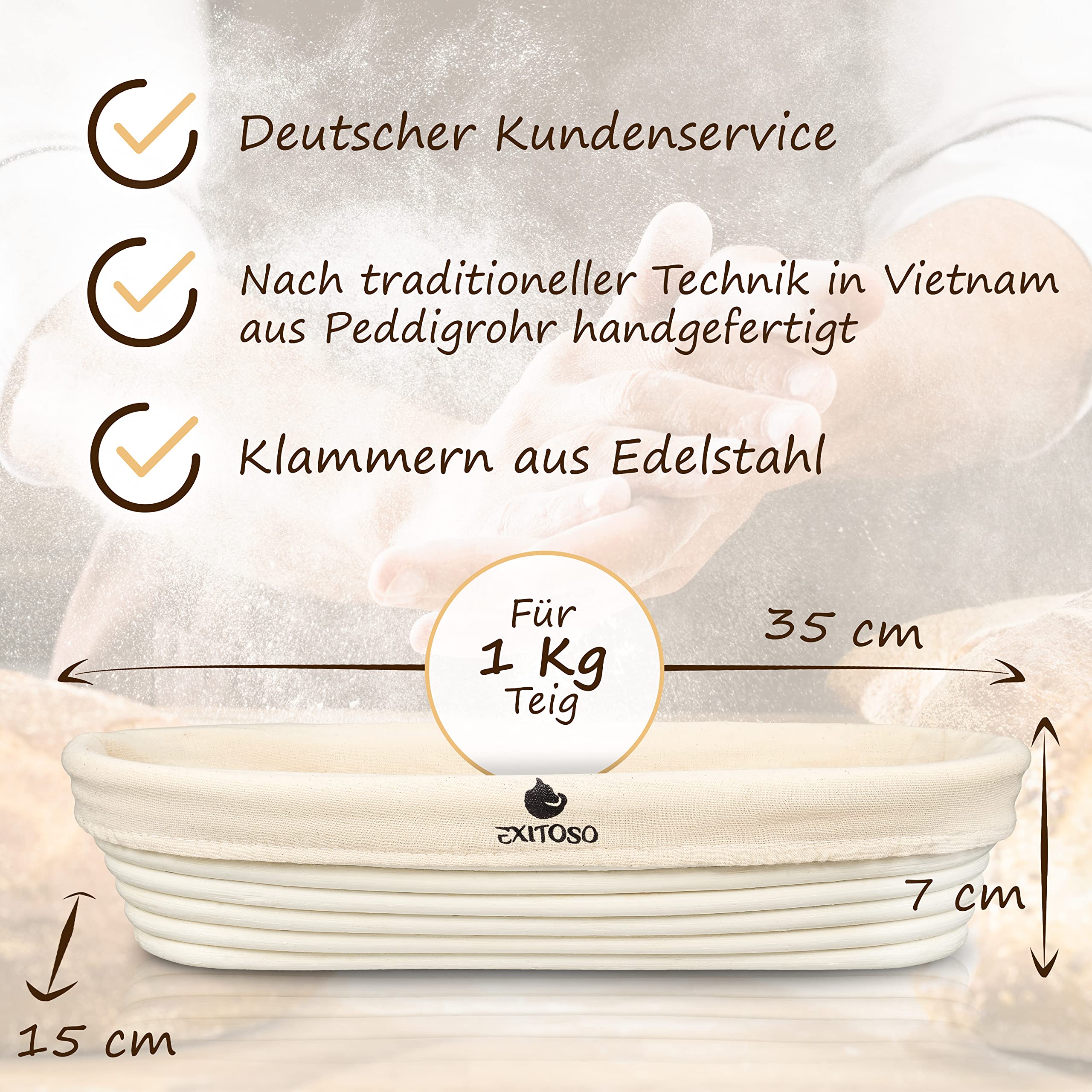 Exitoso Gärkörbchen oval 1kg aus Peddigrohr Ø35cm - Beige inkl. (E-Book Rezept, Leinentuch) - Brot backen mit Gärkörbchen Set - Gärkorb oval Brotbackzubehör Gärform - Garkörbe Brot Brotbacken