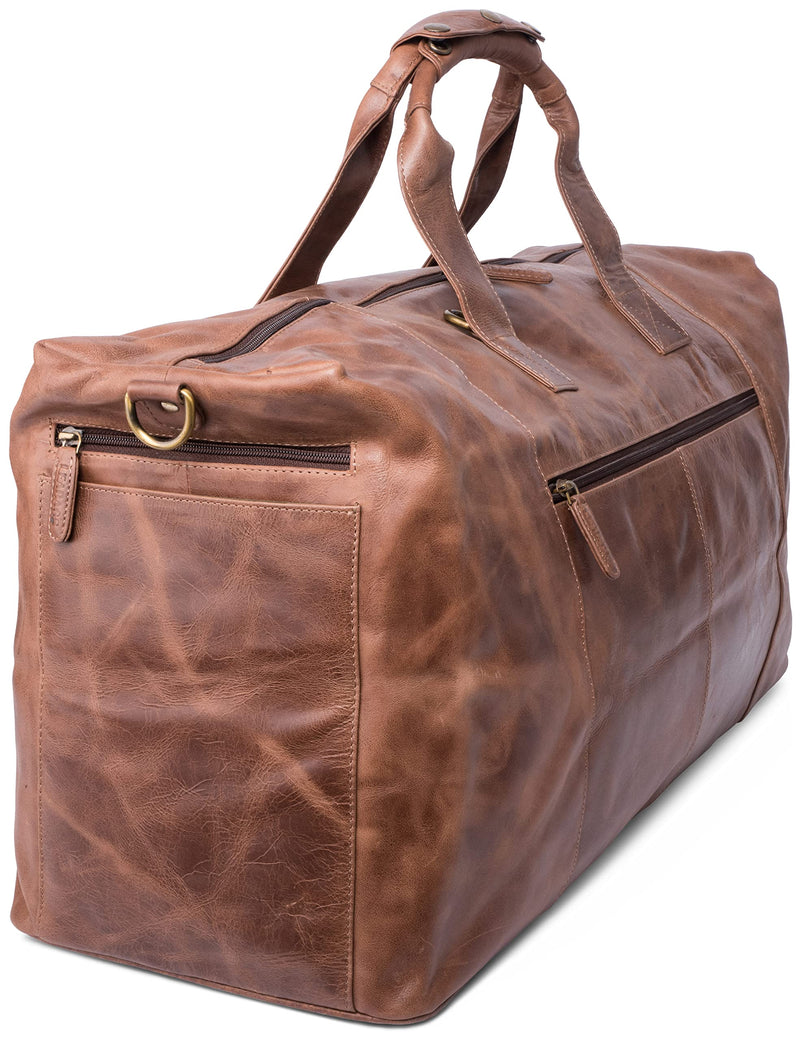 Leabags Leder Weekender Damen & Herren I Echtleder Premium Reisetasche I 55 l Sporttasche I Duffle Travel Gym Bag I Sporttasche I Trainingstasche I Tasche Flugzeug I groß I Vintage Cognac