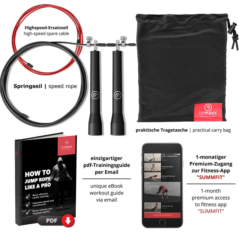 Springseil Speed Rope II Fitness + Trainings-eBook & Ersatzkabel | Super dünnes & leichtes verstellbares Stahlseil + Kugellager | Workout, Profi Sport, Boxen, Training, Sport | Erwachsene