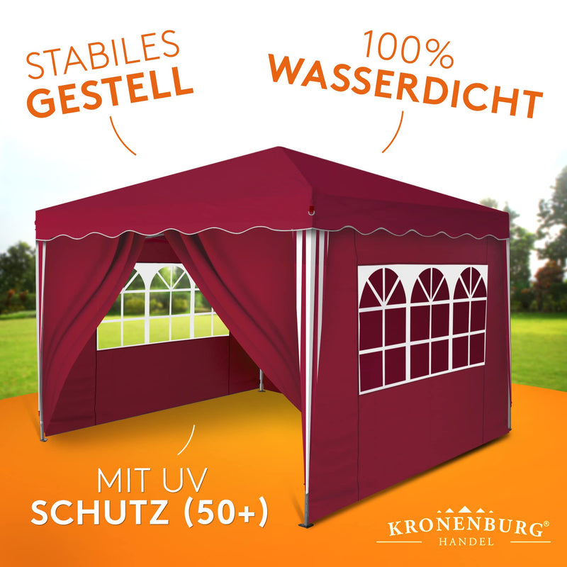 Kronenburg Faltpavillon wasserdicht Dachmaß 3 x 3 m UV Schutz 50+ Pavillon in Rot mit 4 Seitenteilen