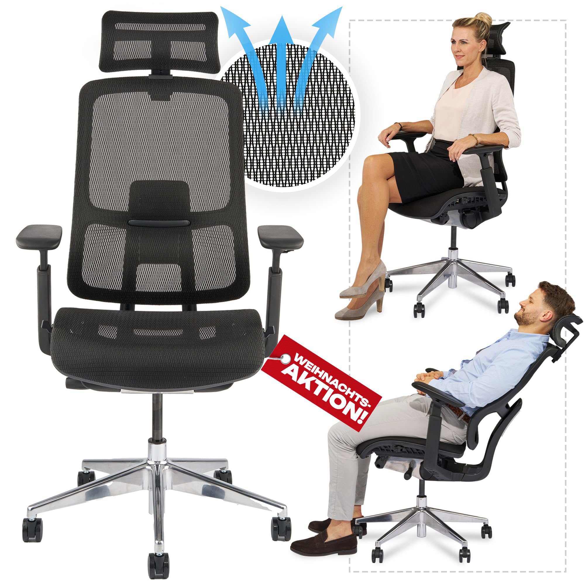 VALKENSTOL M6 Ergonomischer Bürostuhl 150 KG [Grosse Menschen, MESH-Sitz] Bürostuhl Ergonomisch für langes bequemes Sitzen und fokussierteres Arbeiten - Chefsessel Bürostuhl Bürosessel Office Chair