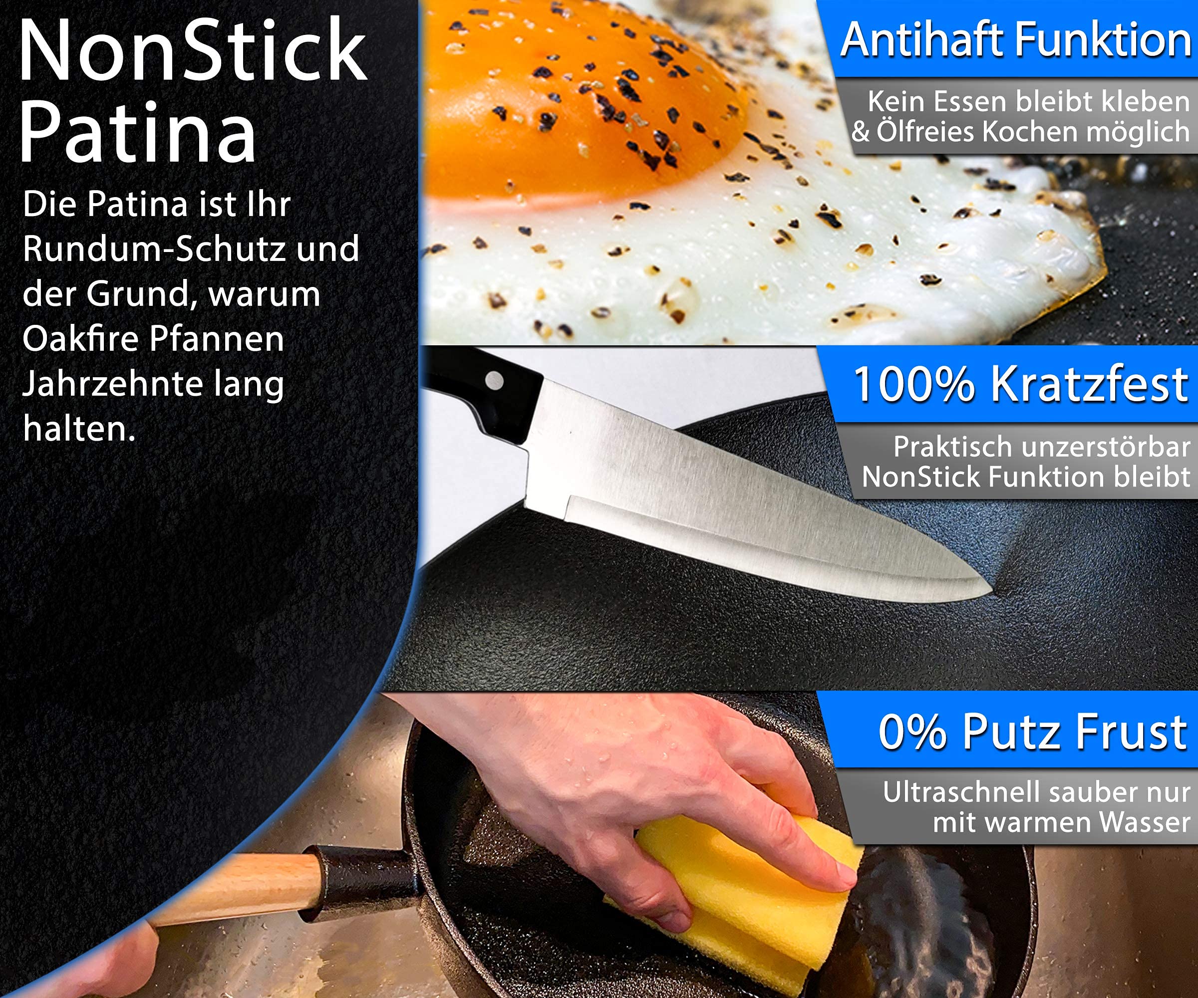 Oakfire Schmorpfanne Gusseisen mit Glasdeckel 28 cm Induktion Pfanne Gusseisern Bratpfanne mit Non-Stick Patina