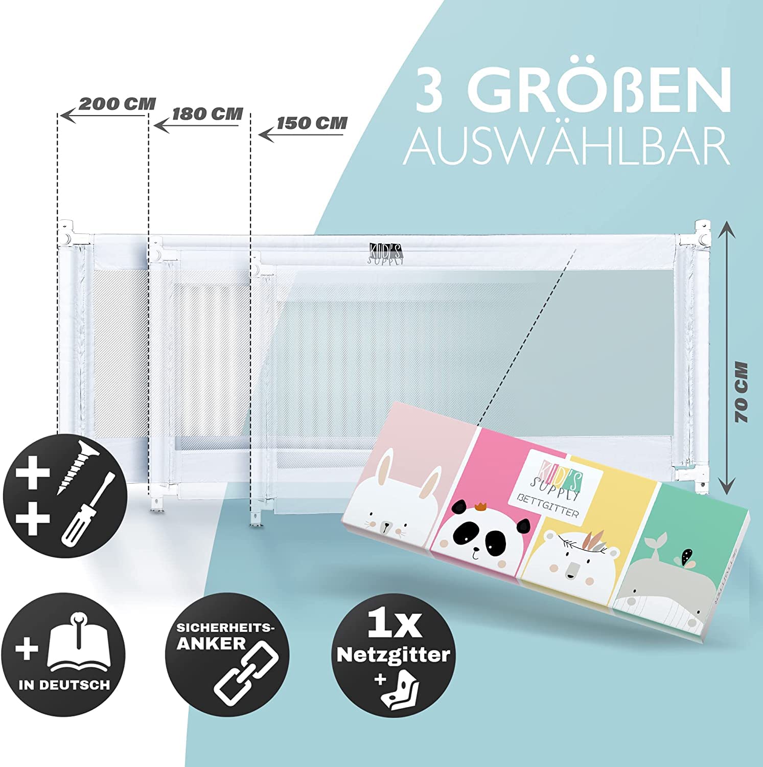 Kids Supply Bettgitter [150x80 cm]- Sicheres & höhenverstellbares Bettschutzgitter [70-90 cm]- Rausfallschutz Bett für Kinder Bett & Elternbett [eine Seite]