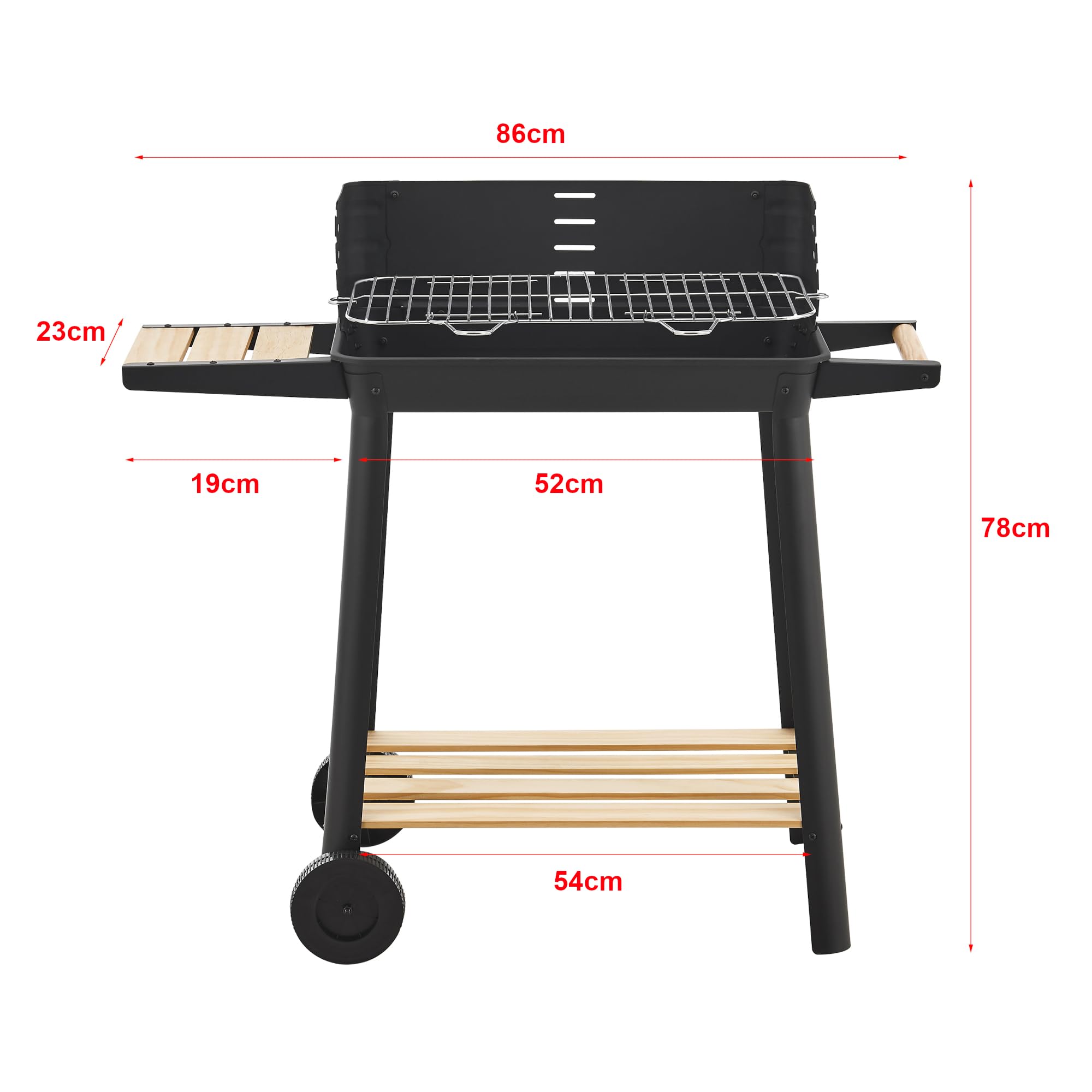 casa.pro Grillwagen Ari Holzkohlegrill BBQ Grillrost aus emailliertem Edelstahl Gartengrill 2 Räder Windschutz mit Grillrosthöhenverstellung 78x86x30cm Schwarz/Holz